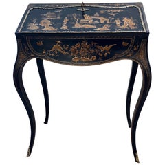 French 19th Century Black Lacquer with Gold Detailing Chinoiserie Secretaire