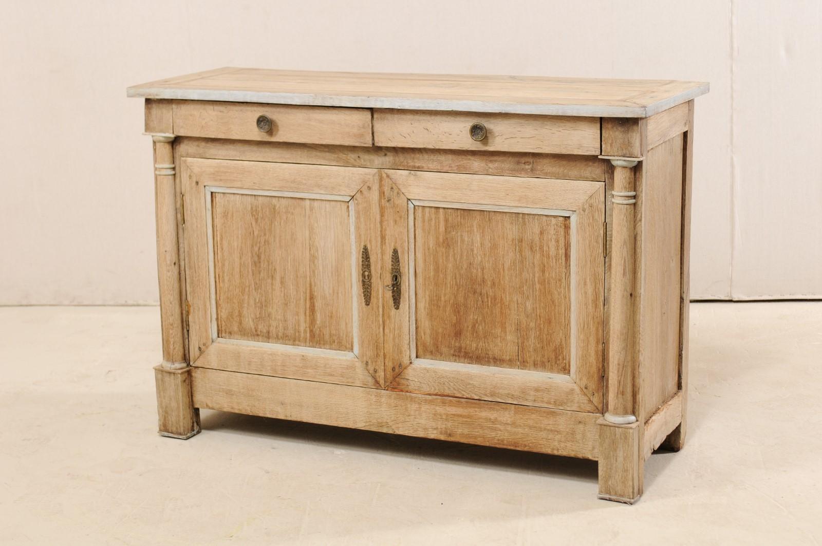 19th Century French Early 19th C. Bleached Oak Buffet Cabinet w/ Carved Column Side-Posts