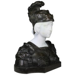 French 19th Century Bronze and White Marble Bust of Marianne in Full Armor