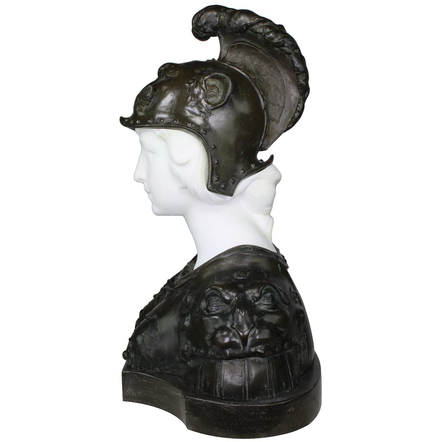 Baroque Revival French 19th Century Bronze and White Marble Bust of Marianne in Full Armor For Sale