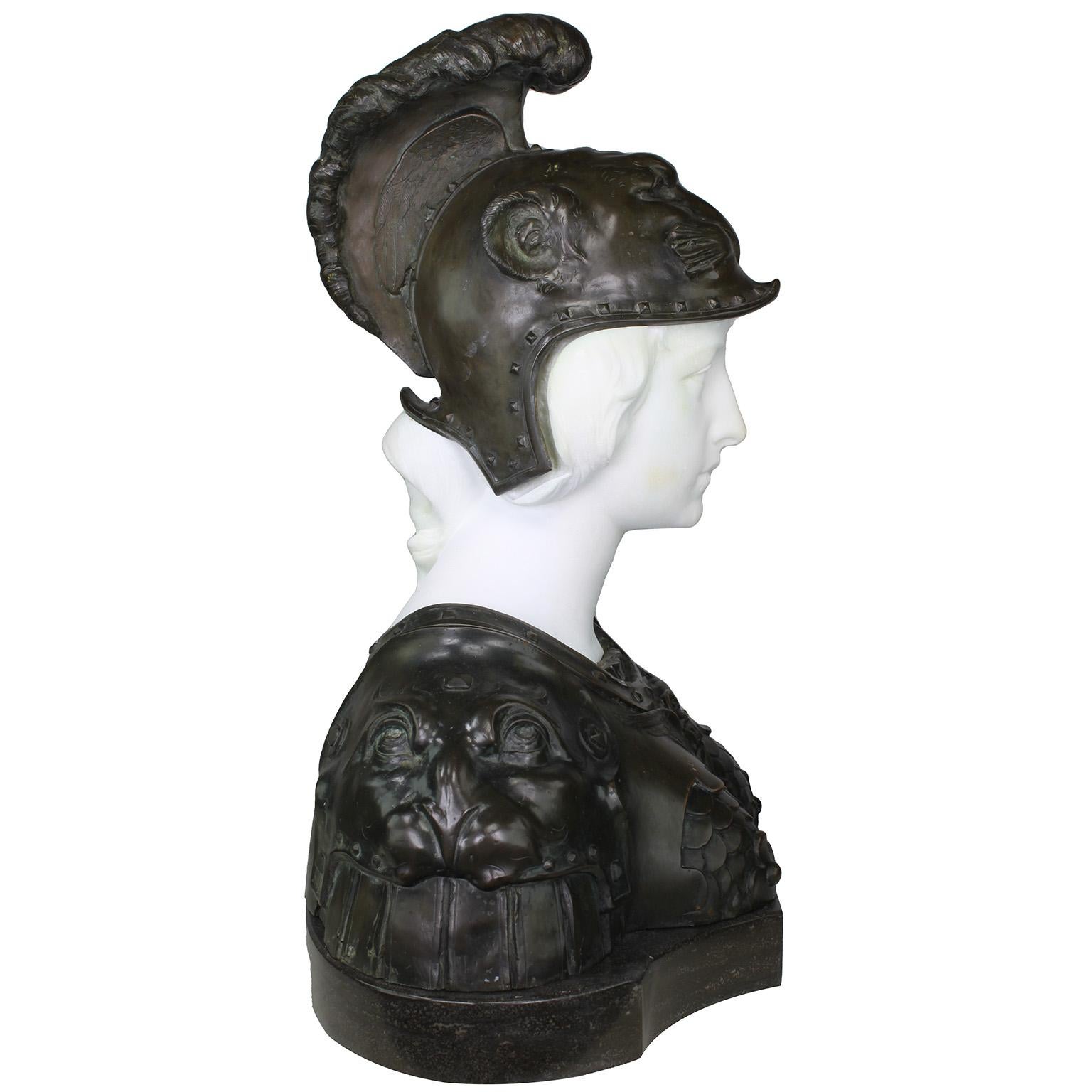 Baroque Revival French 19th Century Bronze and White Marble Bust of Marianne in Full Armor For Sale