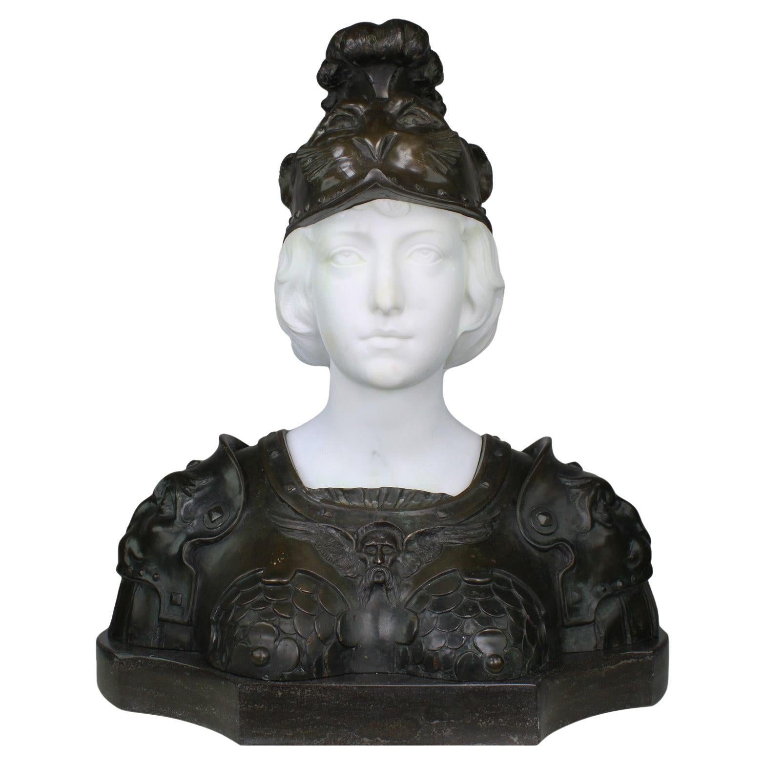 French 19th Century Bronze and White Marble Bust of Marianne in Full Armor For Sale