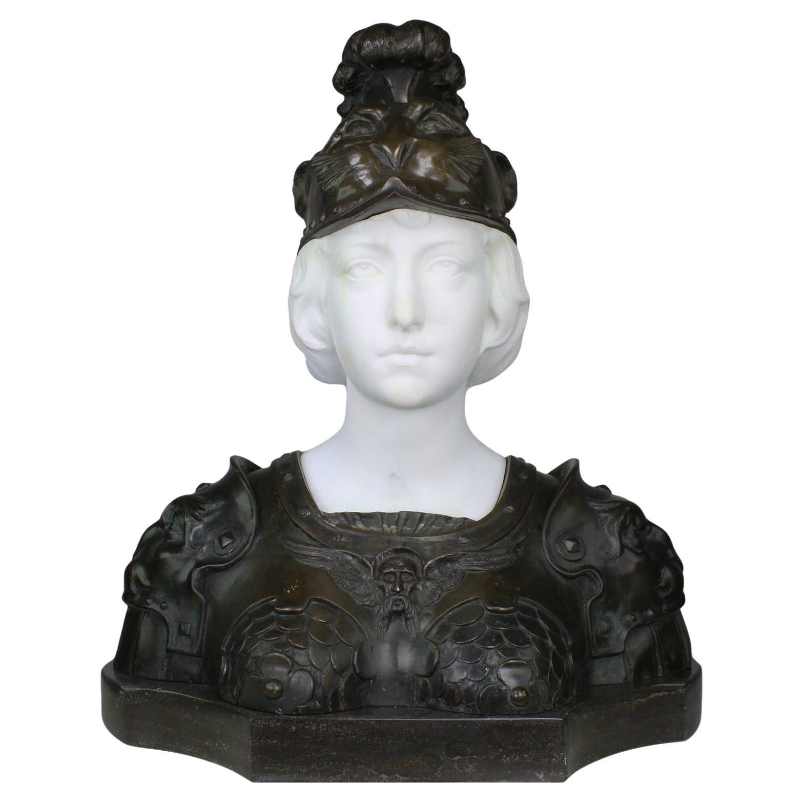 Busto di Marianna in armatura completa in bronzo e marmo bianco del XIX secolo francese