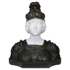 Antique French 19th Century Bronze and White Marble Bust of Marianne in Full Armor