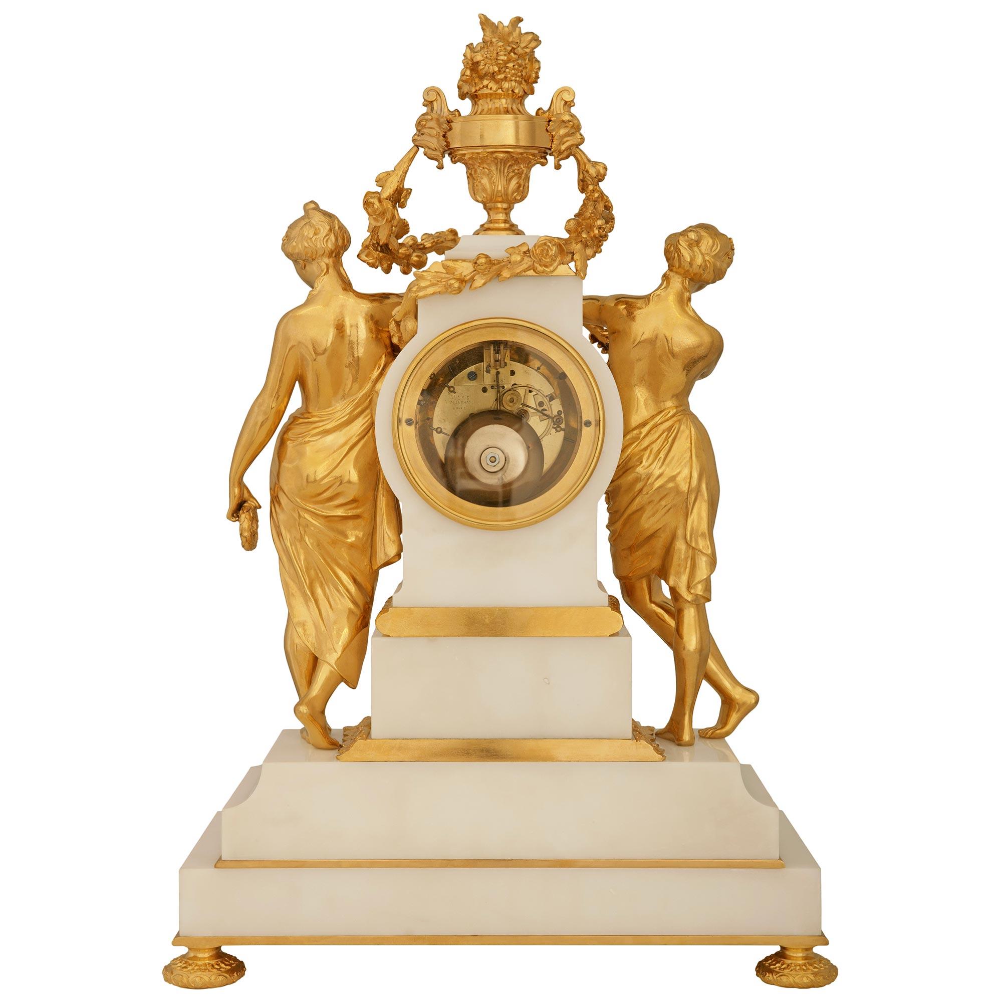 19th Century A French 19th century Carrara marble and Ormolu clock, by Mathieu Planchon For Sale