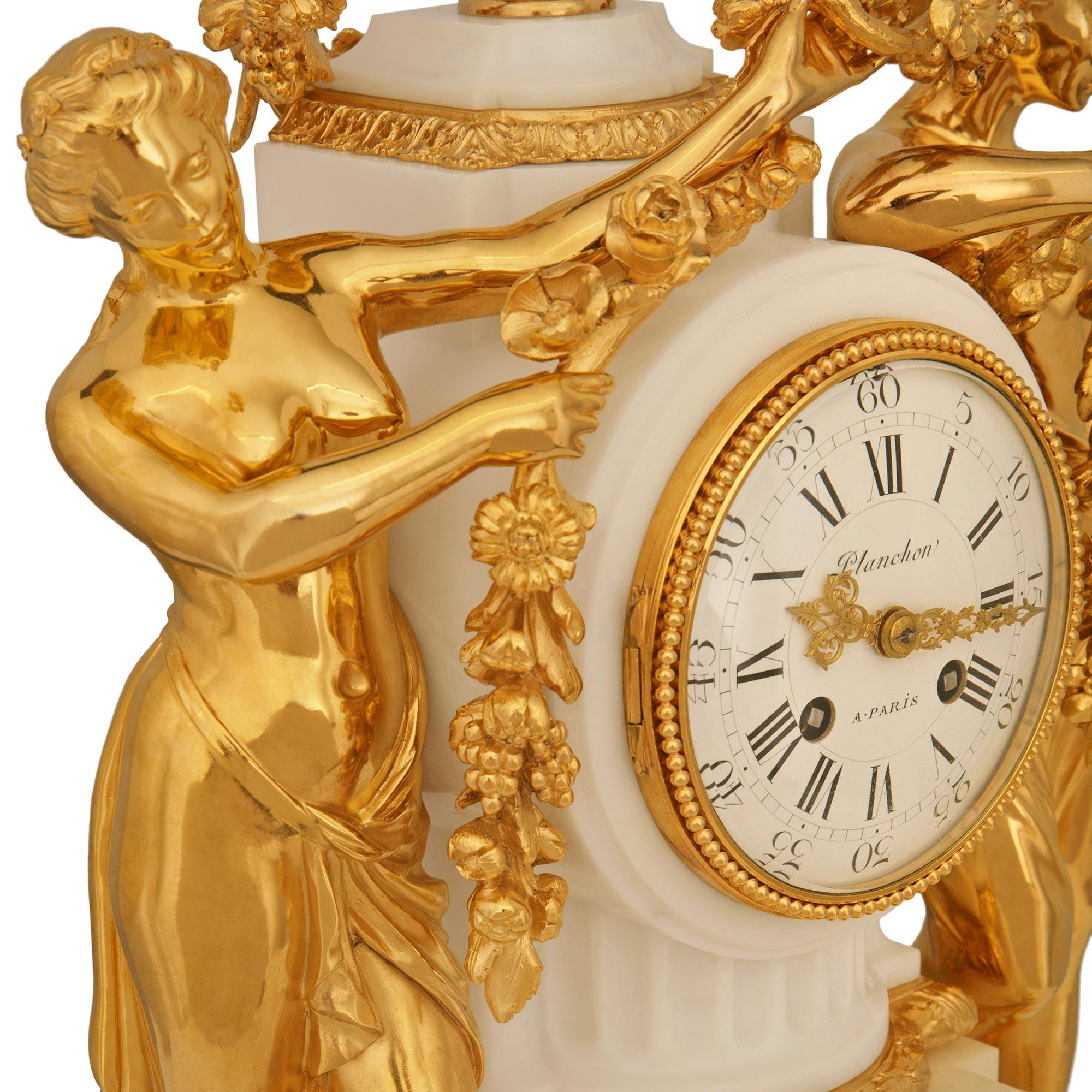 A French 19th century Carrara marble and Ormolu clock, by Mathieu Planchon For Sale 2