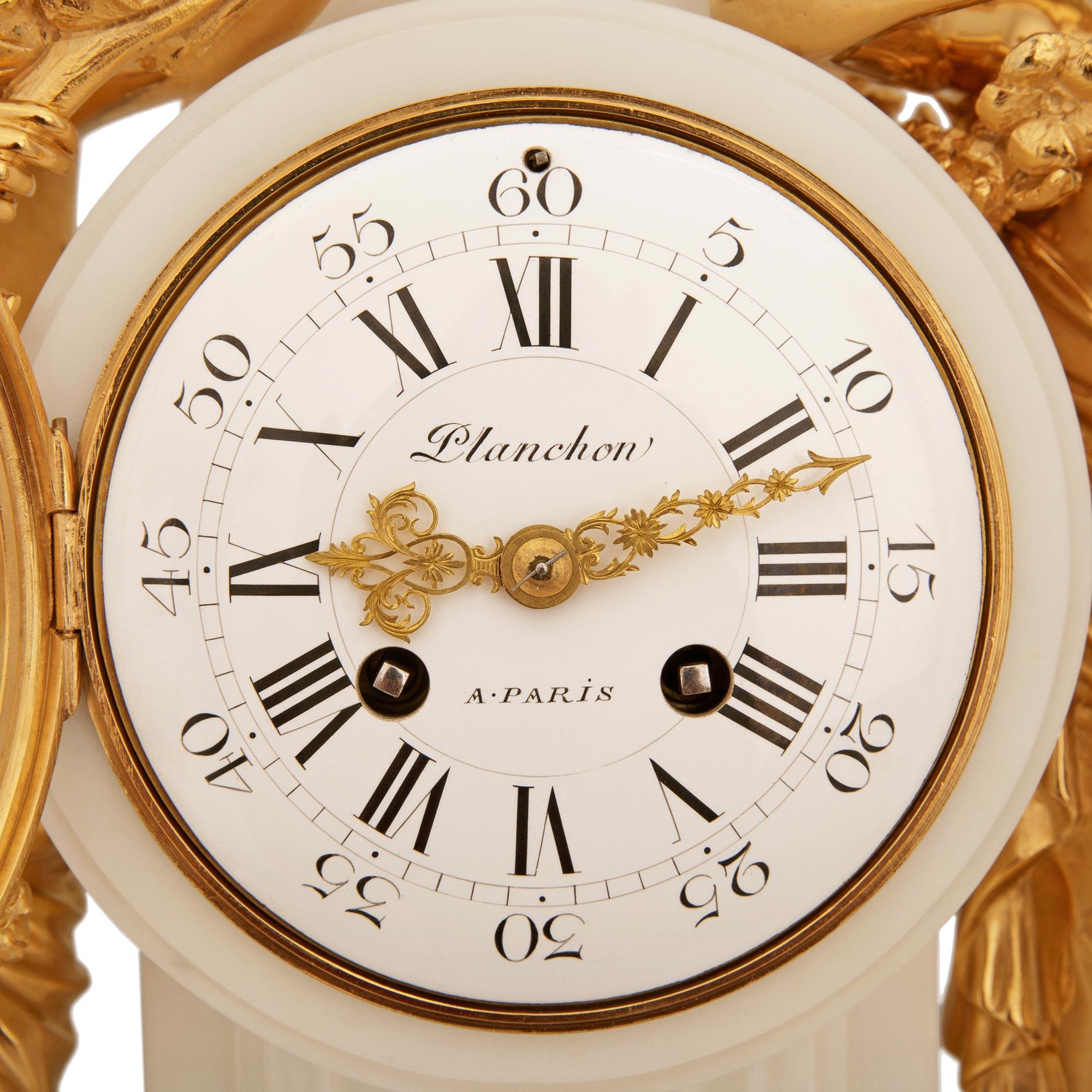A French 19th century Carrara marble and Ormolu clock, by Mathieu Planchon For Sale 3