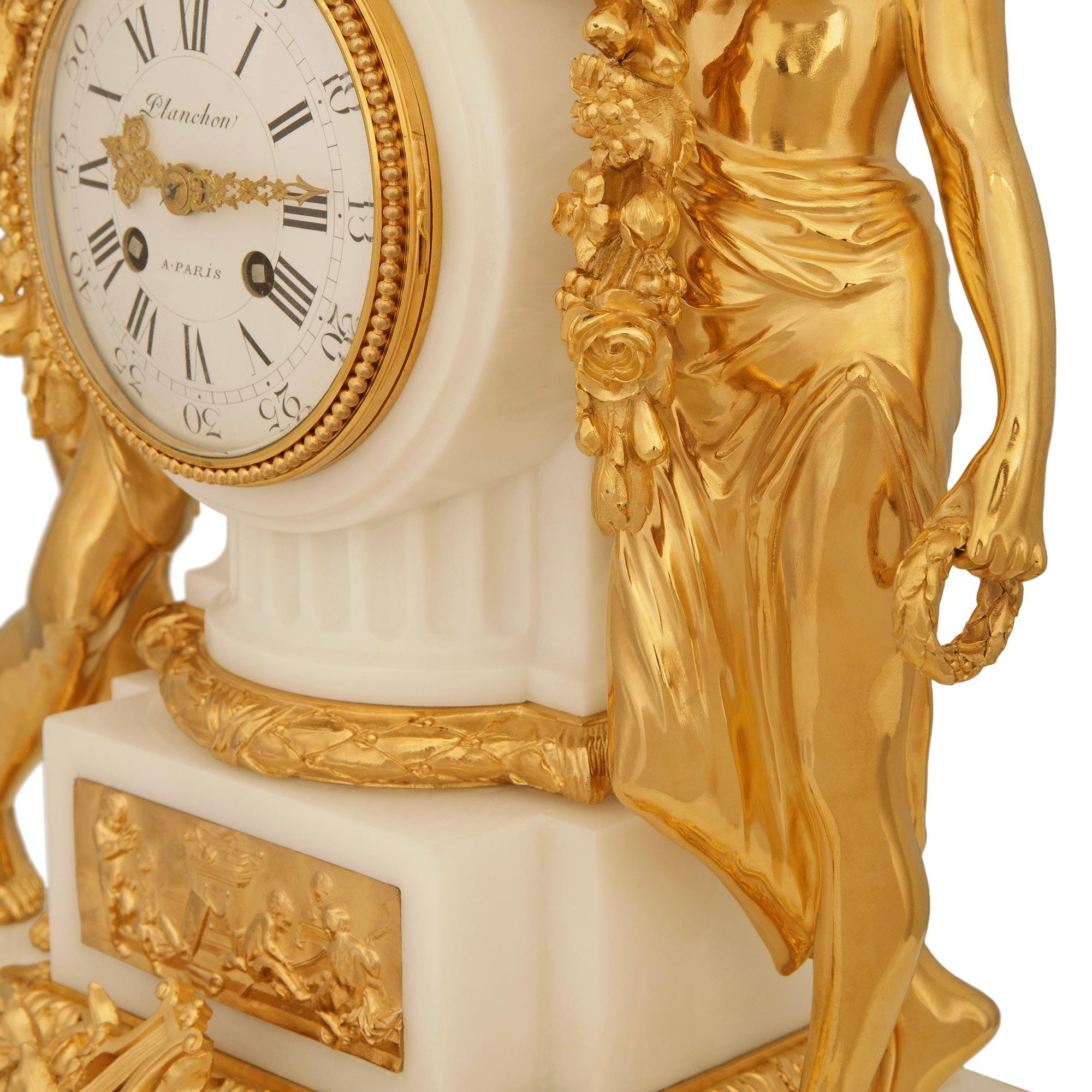 A French 19th century Carrara marble and Ormolu clock, by Mathieu Planchon For Sale 4