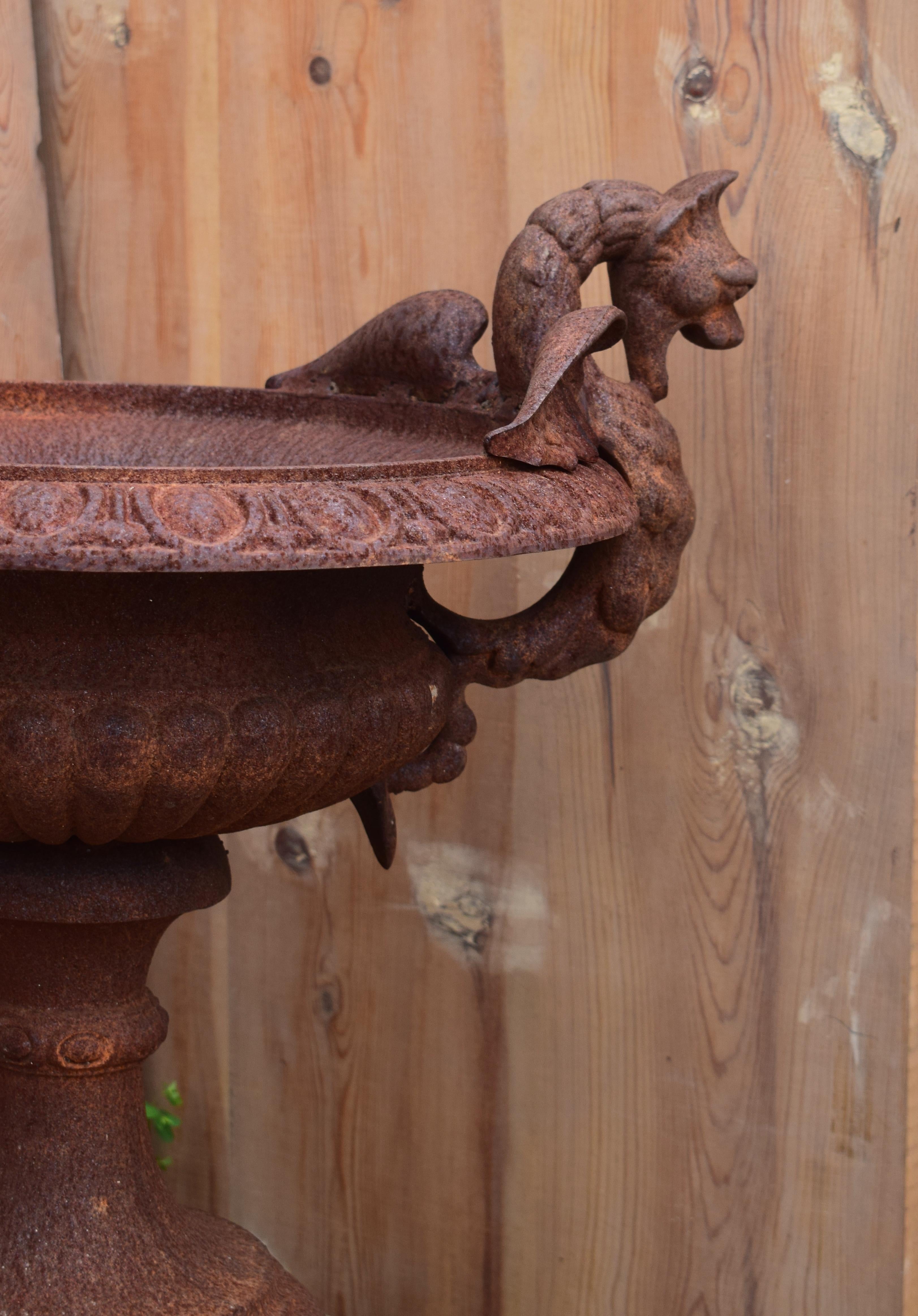 French Provincial French 19th Century Cast Iron Garden Urn with Dragon Handles For Sale