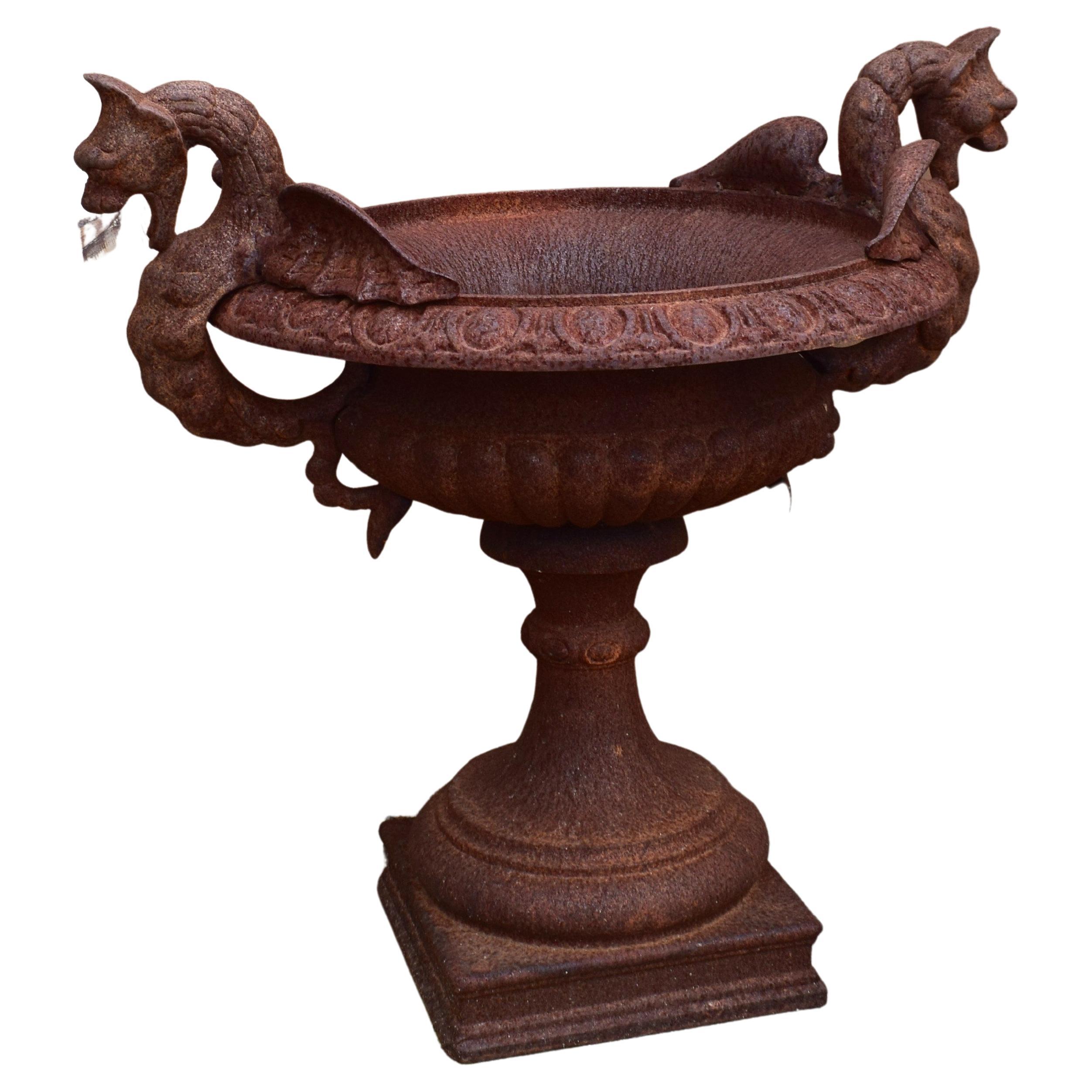 French 19th Century Cast Iron Garden Urn with Dragon Handles For Sale