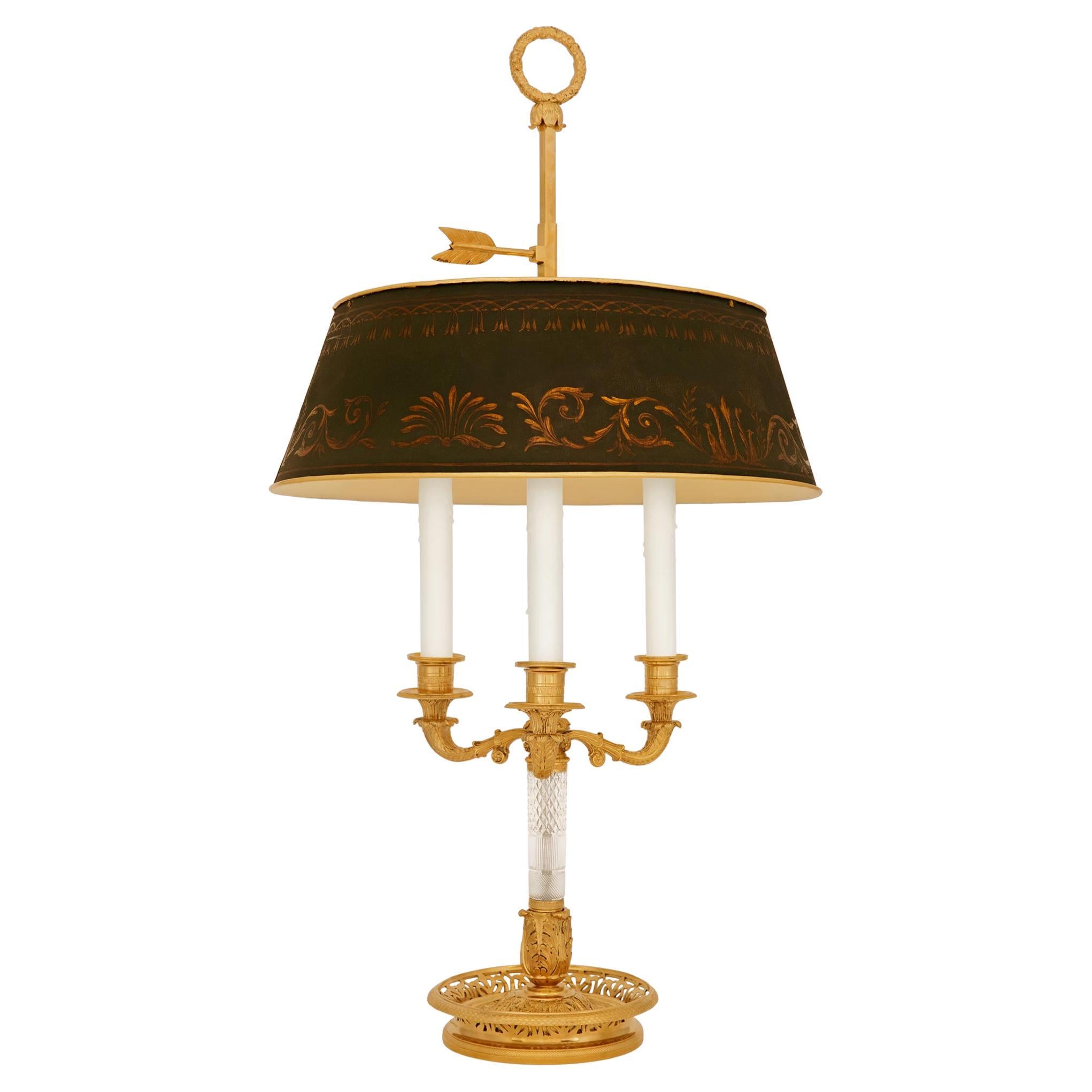 A French 19th century Charles X Period Ormolu, Tole and Crystal bouillotte lamp For Sale