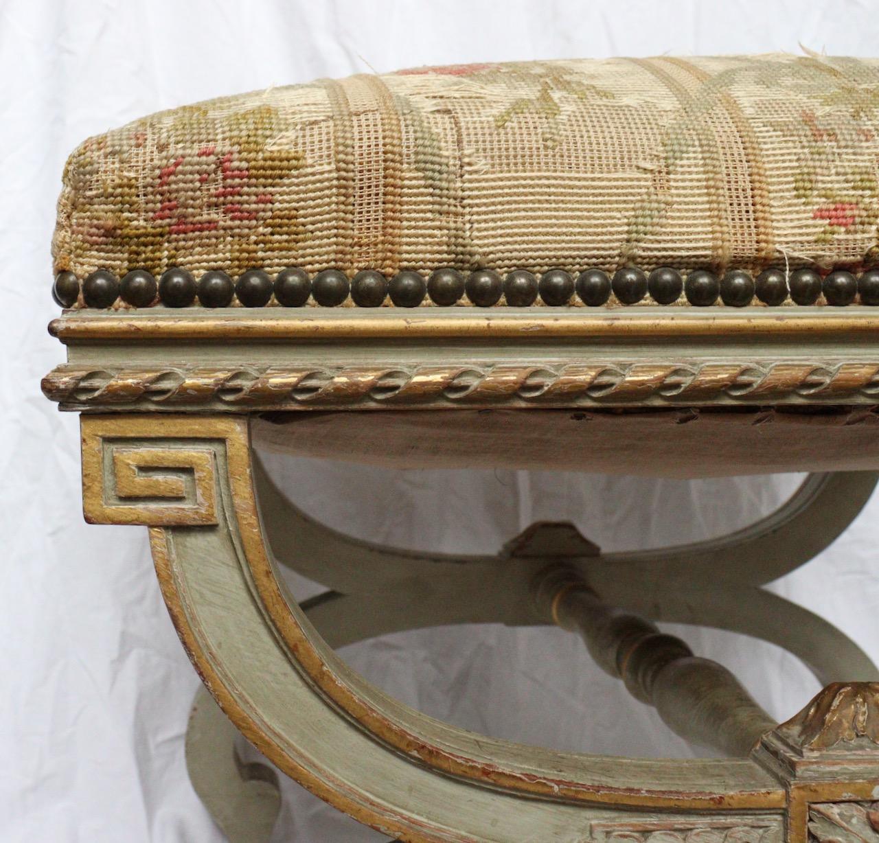 Tapestry French 19th Century Curule Lacquered Stool, circa 1880
