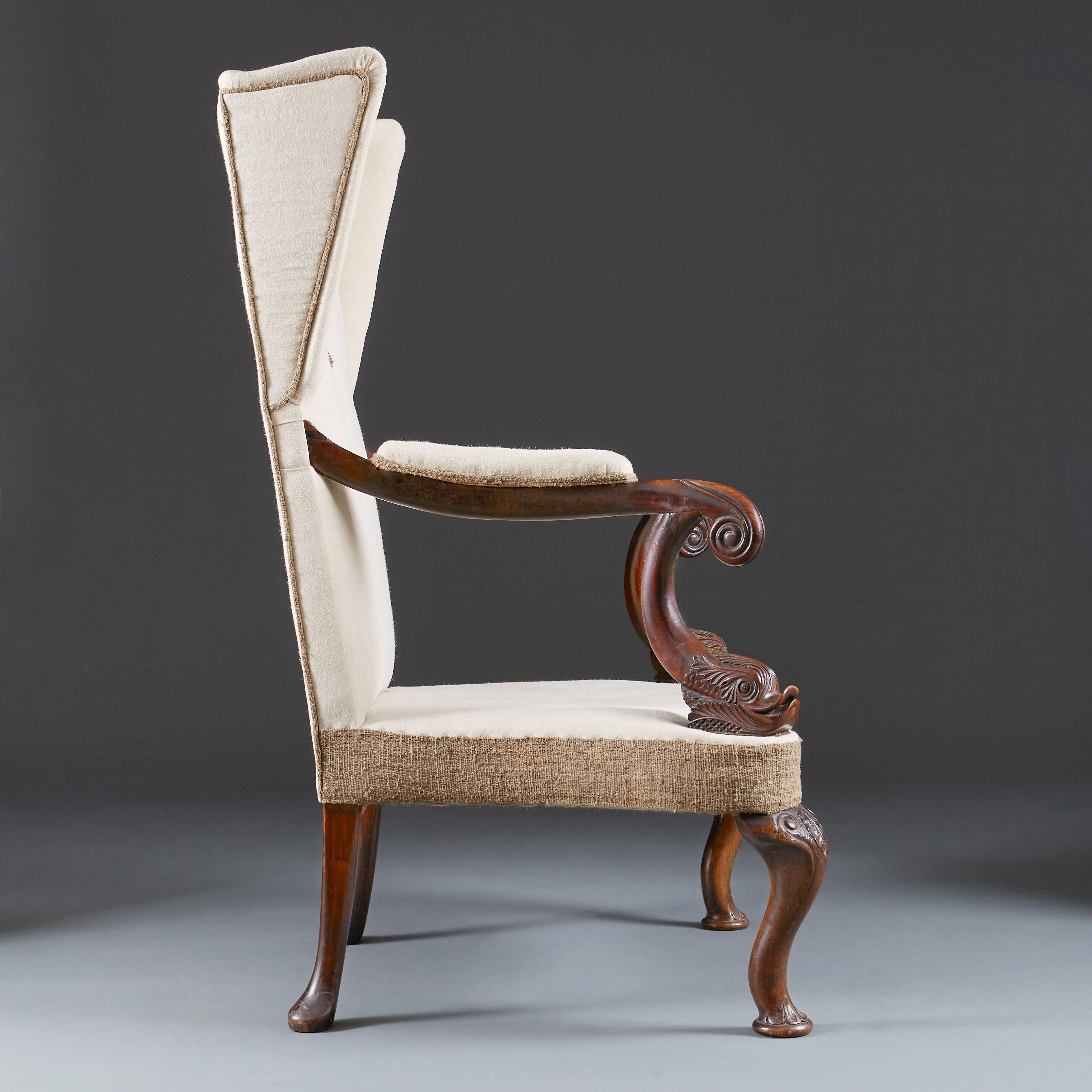 Italian French 19th Century Dolphin Arm Hardwood Library Chair