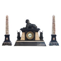 French 19th Century Egyptomania Three-Piece Clock Garniture, circa 1860