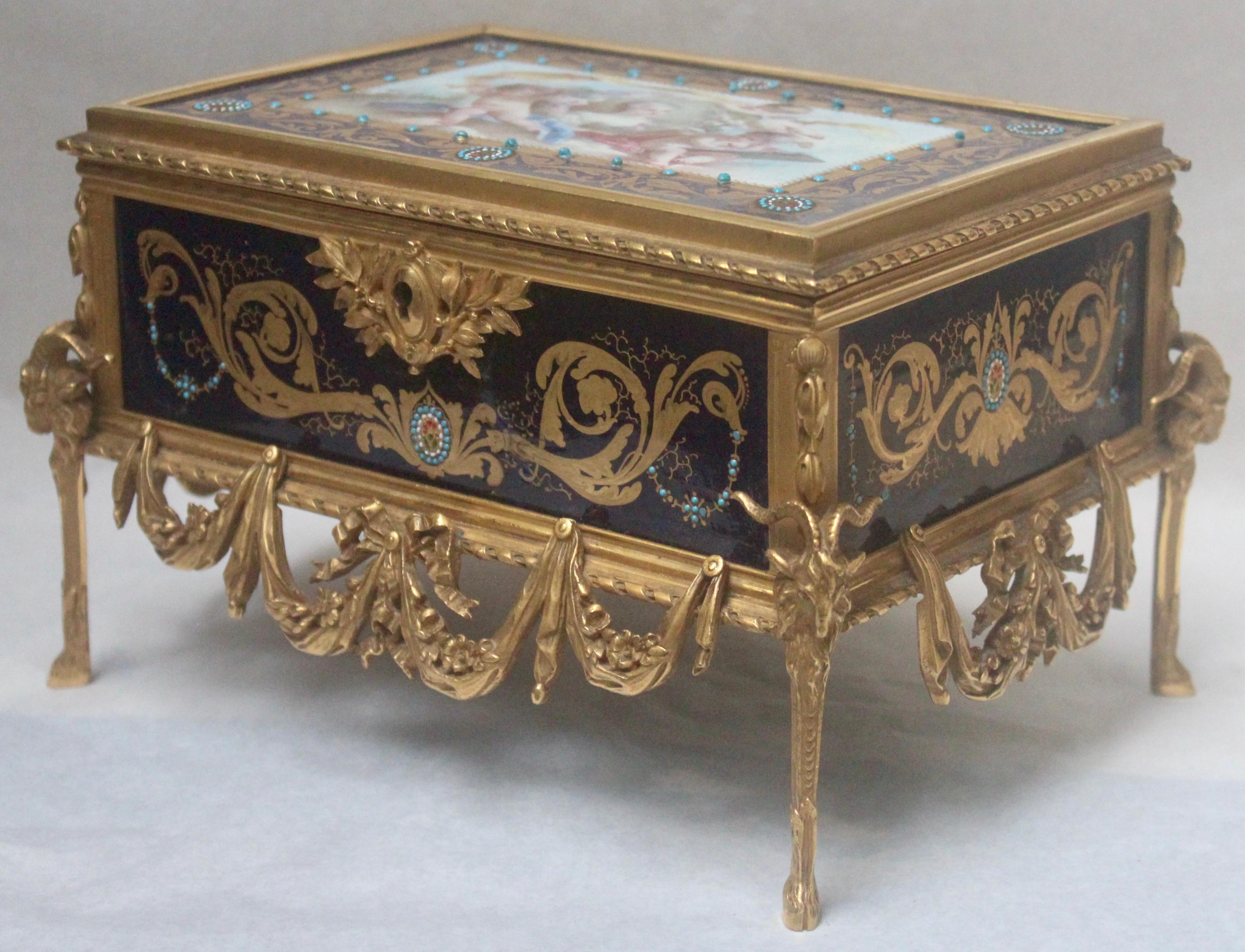 Copper French 19th Century Enameled and Ormolu-Mounted Jewelry Casket