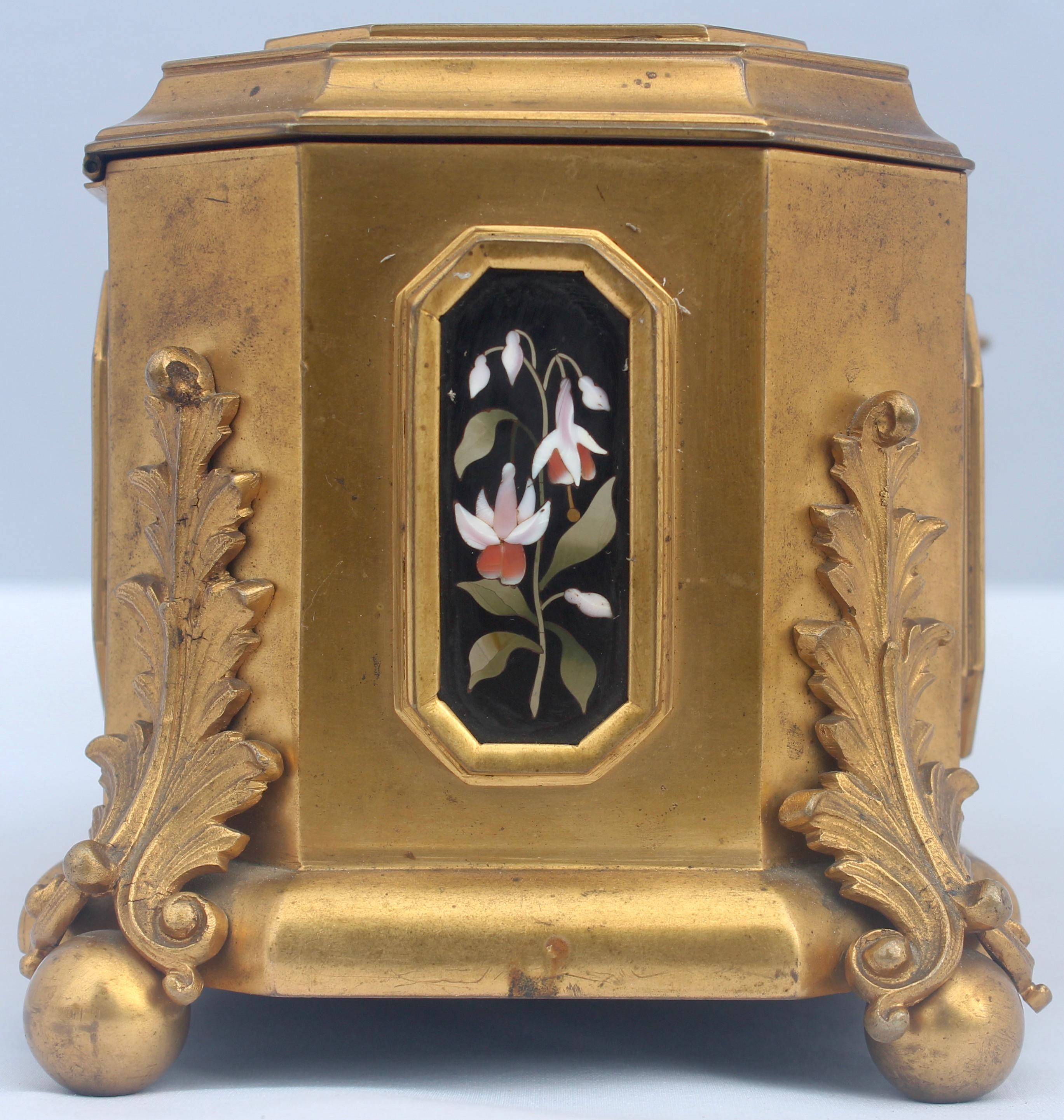 French 19th Century Gilt-Bronze and Pietra Dura Inset Jewelry Casket 10
