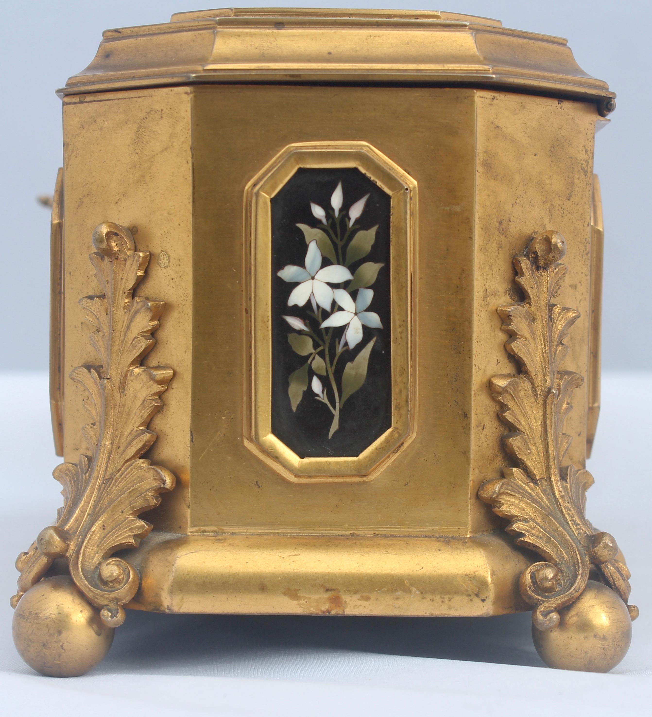 French 19th Century Gilt-Bronze and Pietra Dura Inset Jewelry Casket 11