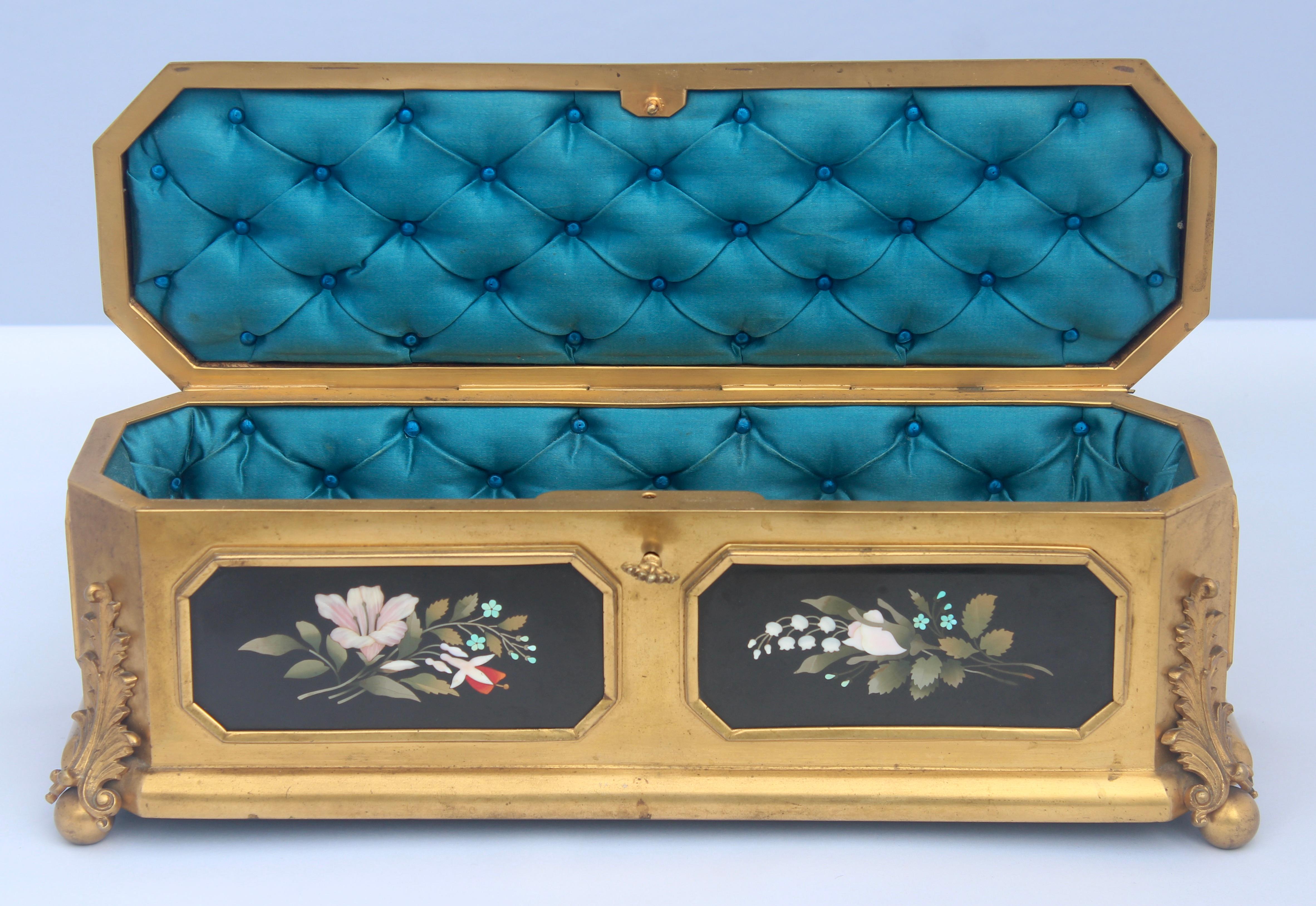 French 19th Century Gilt-Bronze and Pietra Dura Inset Jewelry Casket 12