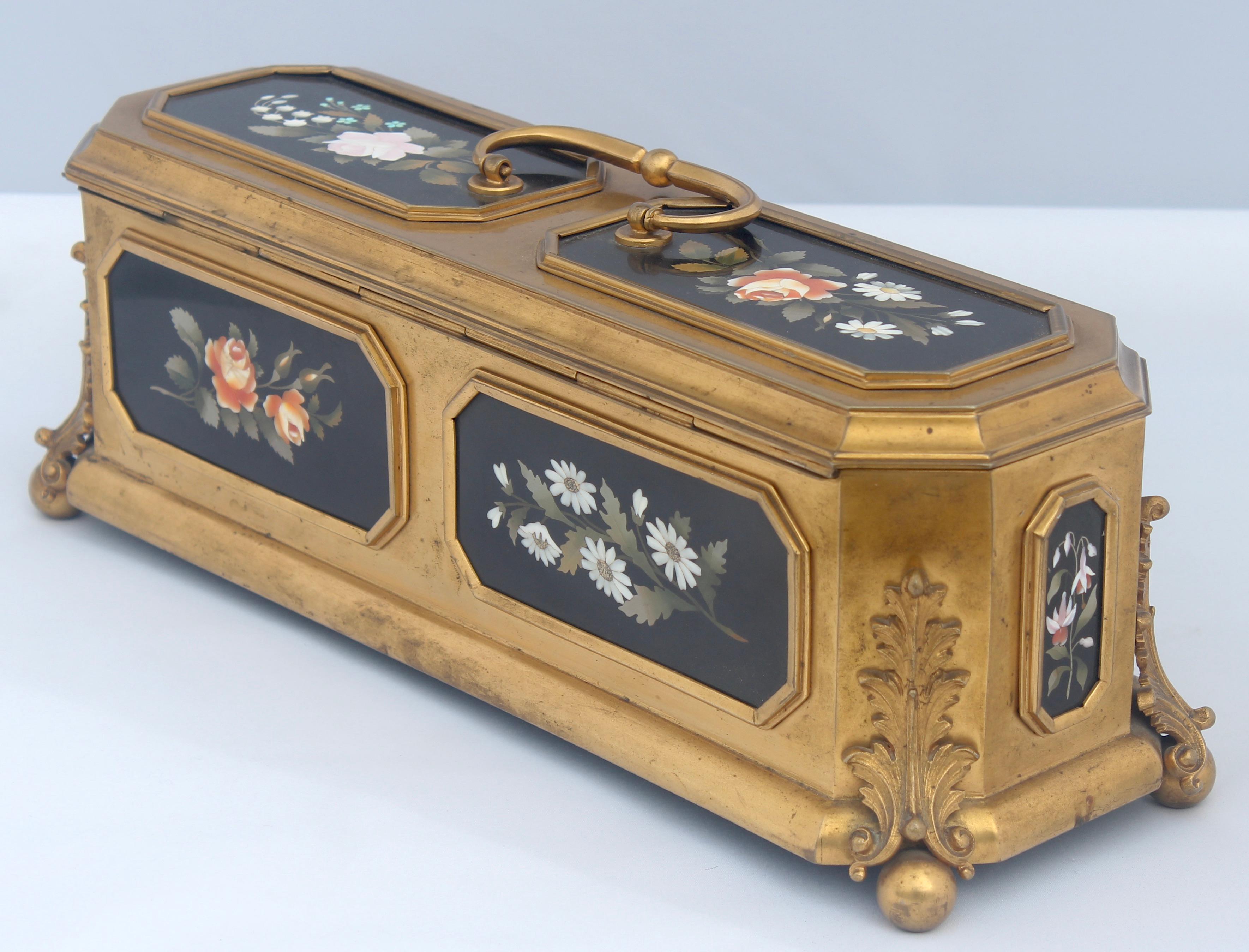 Mid-19th Century French 19th Century Gilt-Bronze and Pietra Dura Inset Jewelry Casket