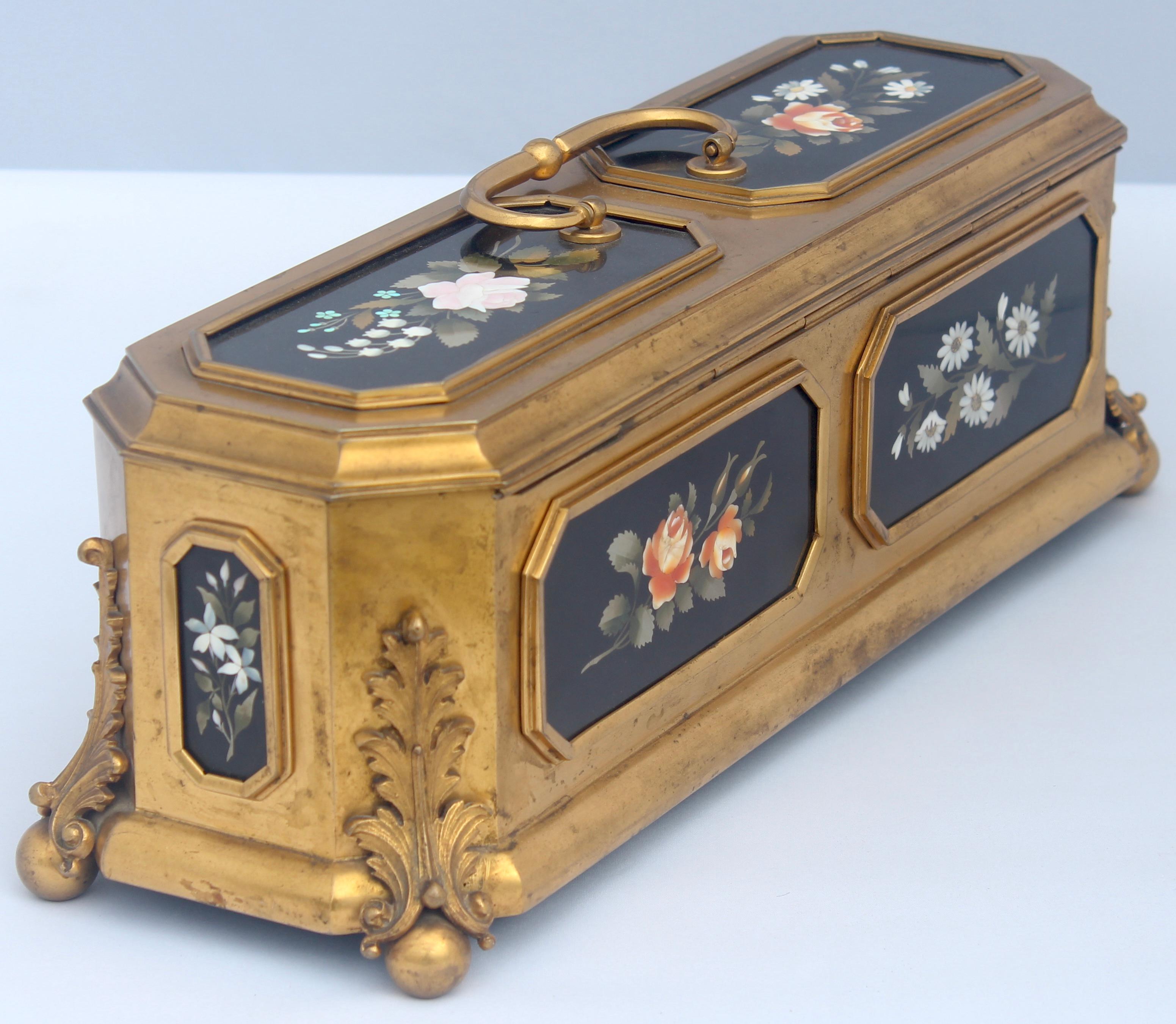 French 19th Century Gilt-Bronze and Pietra Dura Inset Jewelry Casket 1