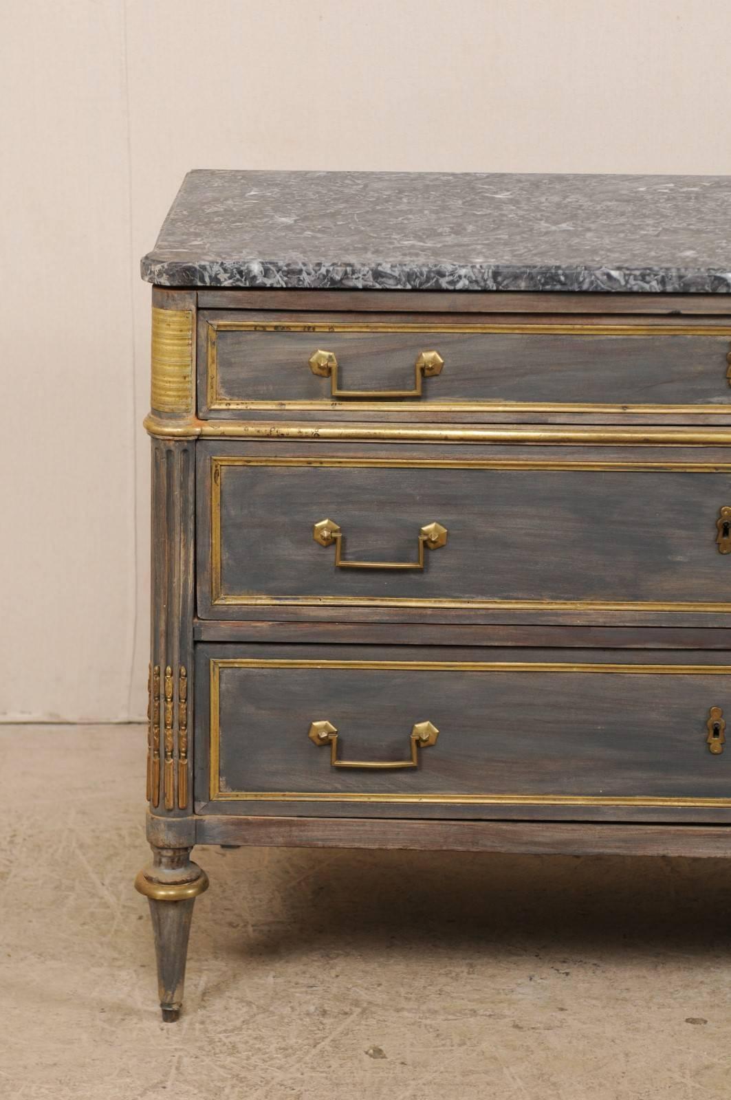 Neoclassical French Grey Marble and Wood Chest of Three Drawers with Gold Accents