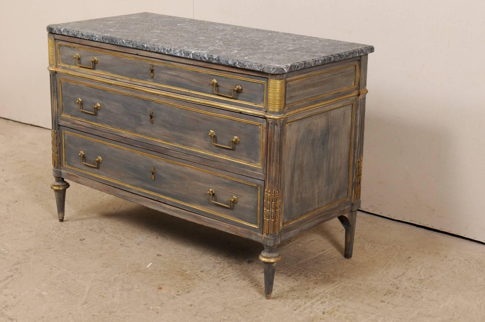 Carved French Grey Marble and Wood Chest of Three Drawers with Gold Accents