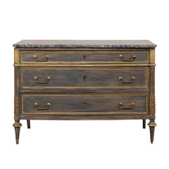 French Grey Marble and Wood Chest of Three Drawers with Gold Accents