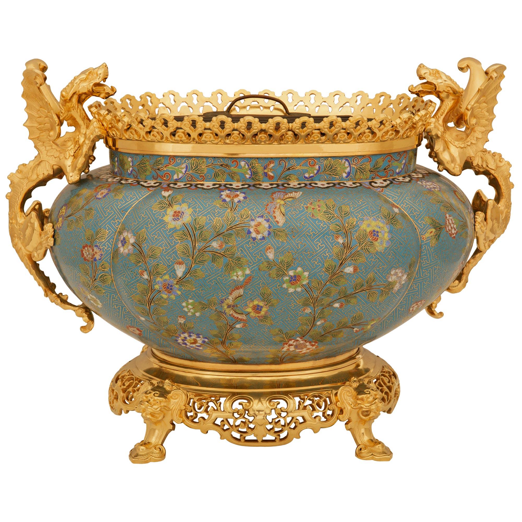 Cloisonné Vase/vase en cloisonné et bronze doré de style Japonais du 19ème siècle en vente