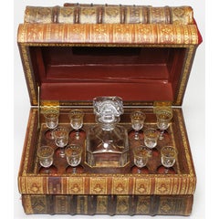 French 19th Century Liquor Baccarat Crystal Tantalus Casket as Leather Books