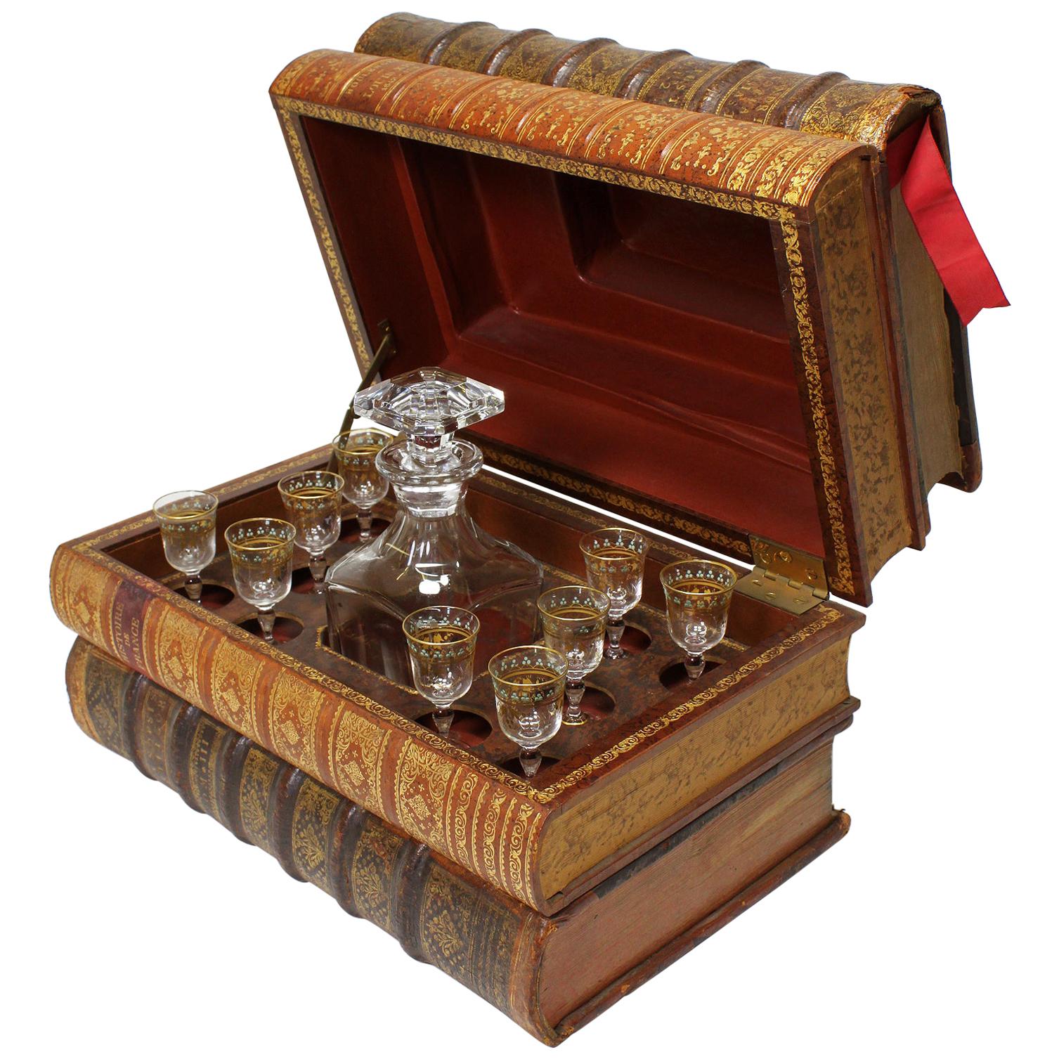 French 19th Century Liquor Baccarat Crystal Tantalus Casket as Leather Books