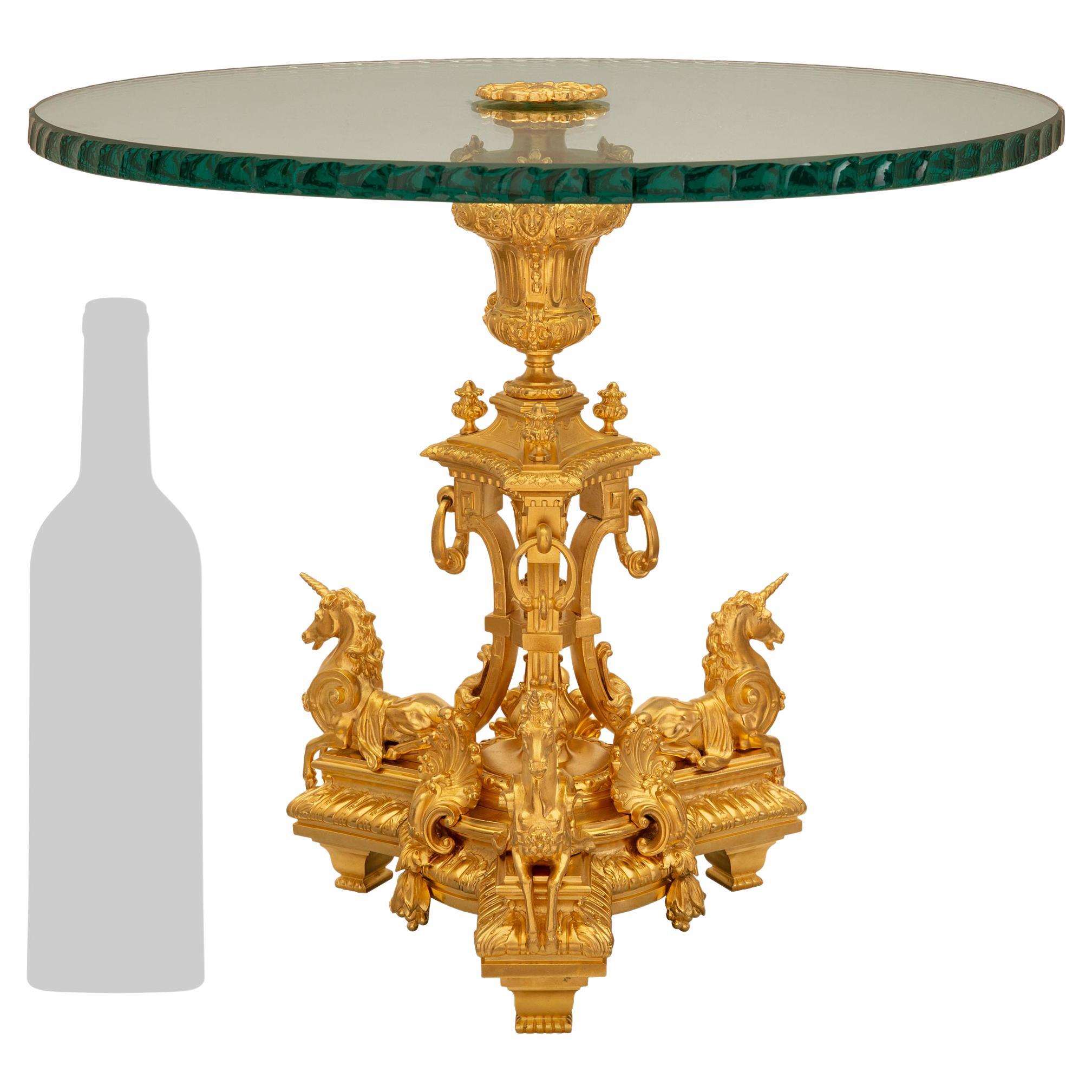 Table d'appoint française du 19ème siècle, style Louis XIV, en ormolu et verre