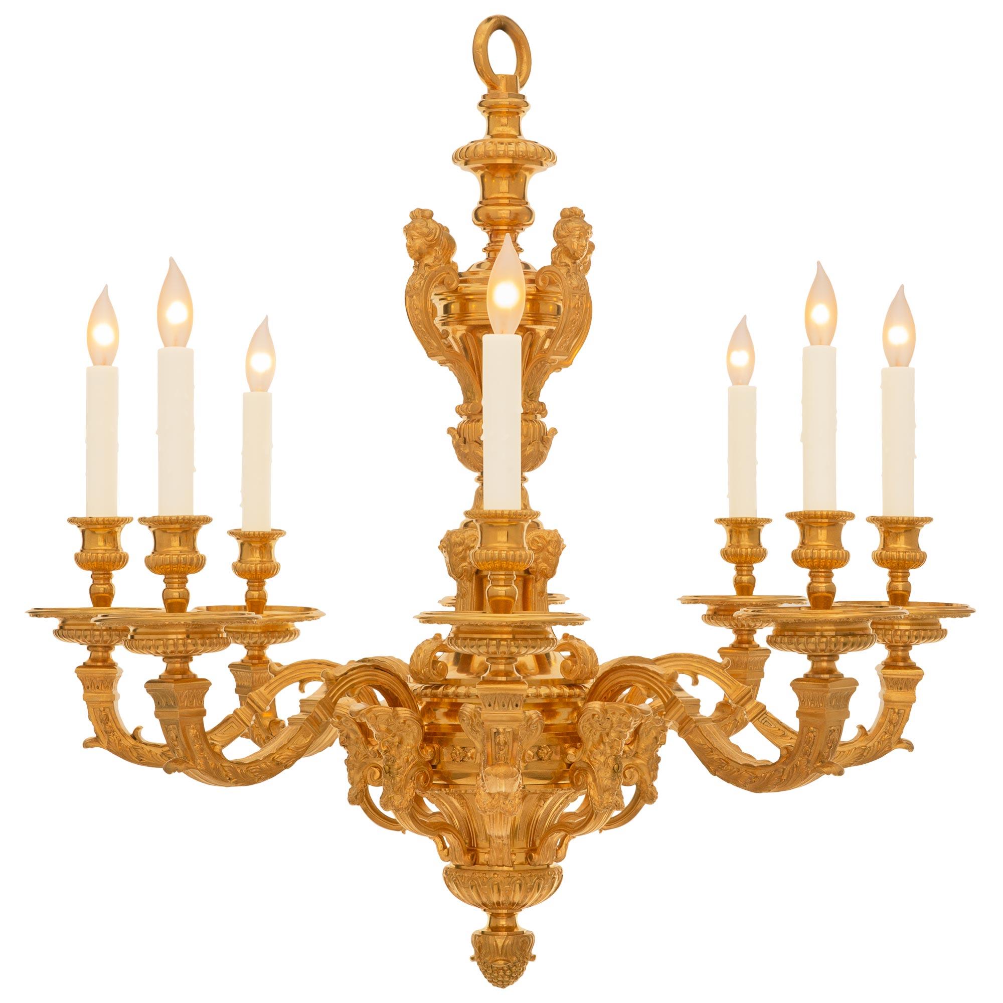 






A handsome and high quality French 19th century Louis XIV st. ormolu chandelier. The eight arm chandelier is centered by a striking bottom inverted foliate acorn finial below reeded designs from where the arms branch out. Each elegantly