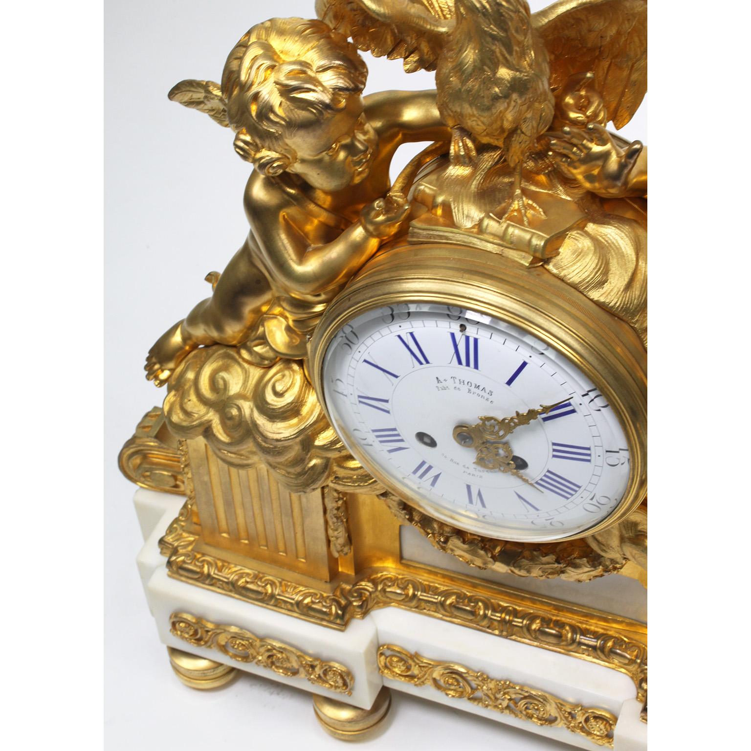 French 19th Century Louis XV Style Gilt Bronze Cherubs & Rooster Mantel Clock For Sale 6