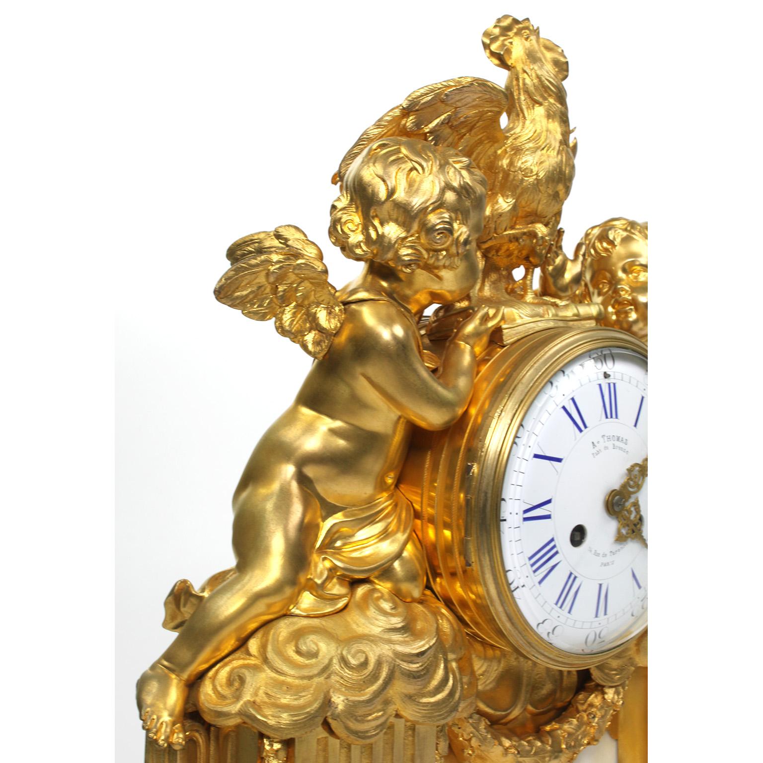 French 19th Century Louis XV Style Gilt Bronze Cherubs & Rooster Mantel Clock For Sale 8