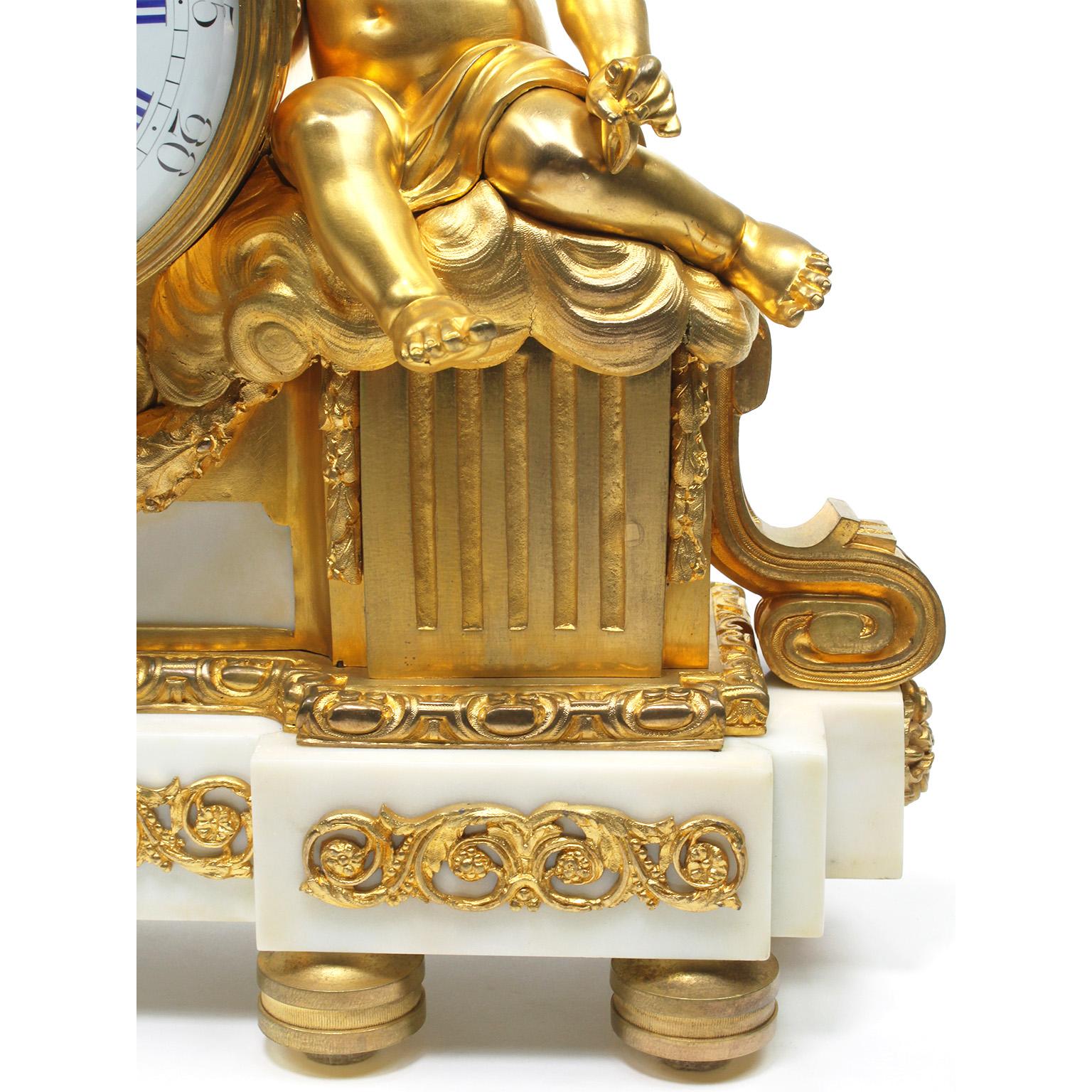 French 19th Century Louis XV Style Gilt Bronze Cherubs & Rooster Mantel Clock For Sale 9