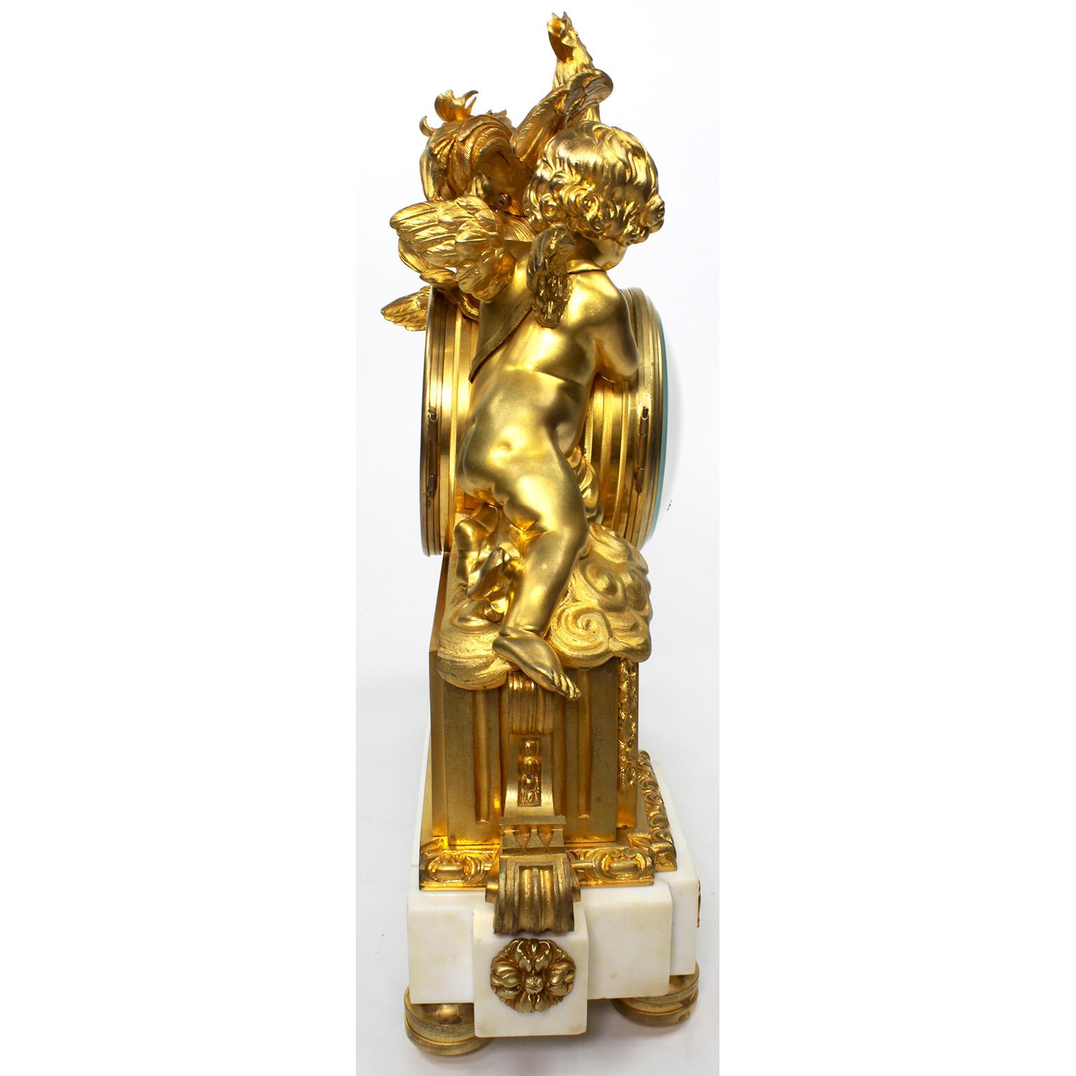 French 19th Century Louis XV Style Gilt Bronze Cherubs & Rooster Mantel Clock For Sale 11