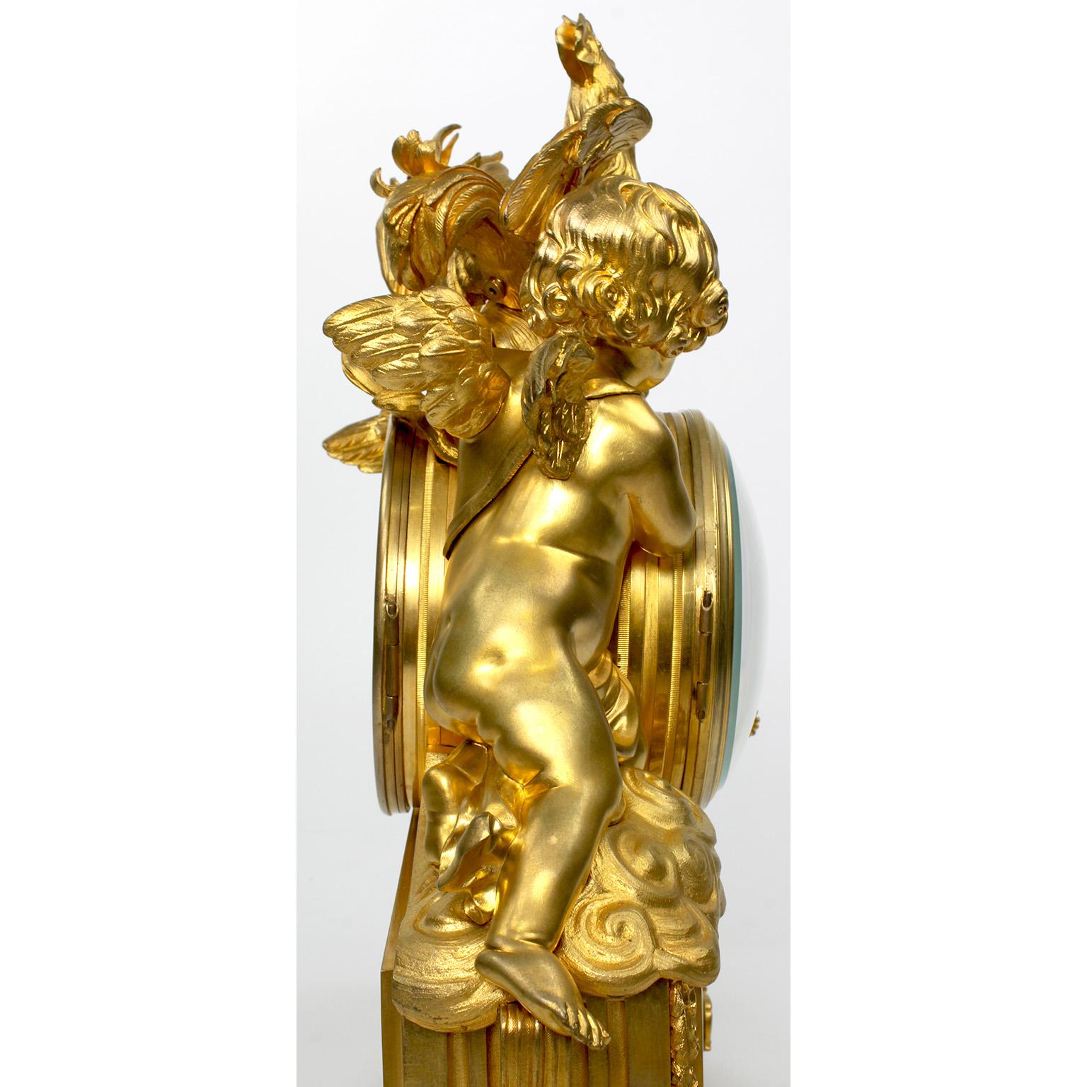 French 19th Century Louis XV Style Gilt Bronze Cherubs & Rooster Mantel Clock For Sale 13