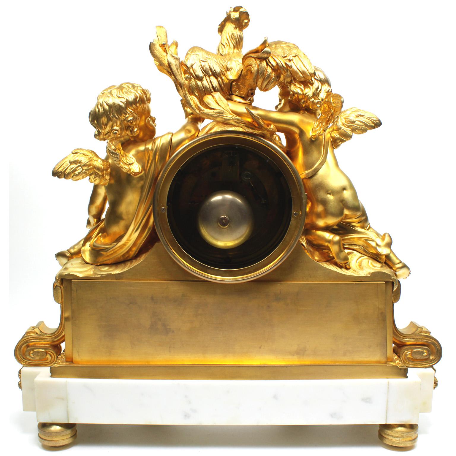 French 19th Century Louis XV Style Gilt Bronze Cherubs & Rooster Mantel Clock For Sale 14