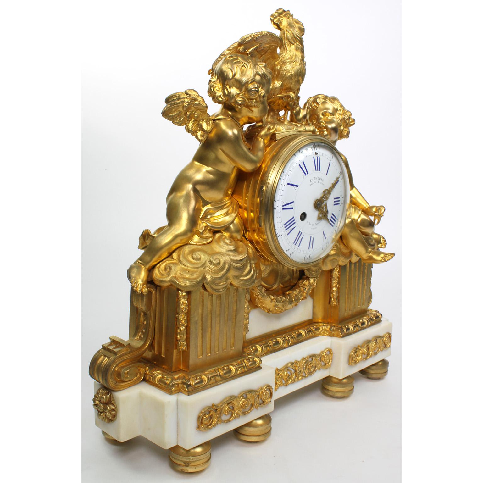 A very fine French 19th century Louis XV style gilt bronze and white marble figural mantel clock. The finely chased ormolu body, with its original two-tone mercury gilt, centered with a circular enameled porcelain clock face with Roman and Arabic