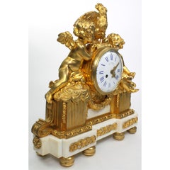 French 19th Century Louis XV Style Gilt Bronze Cherubs & Rooster Mantel Clock