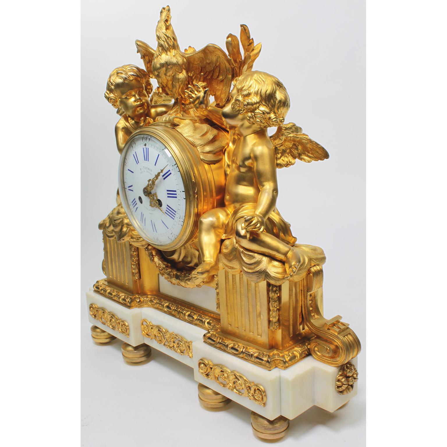 Cold-Painted French 19th Century Louis XV Style Gilt Bronze Cherubs & Rooster Mantel Clock For Sale