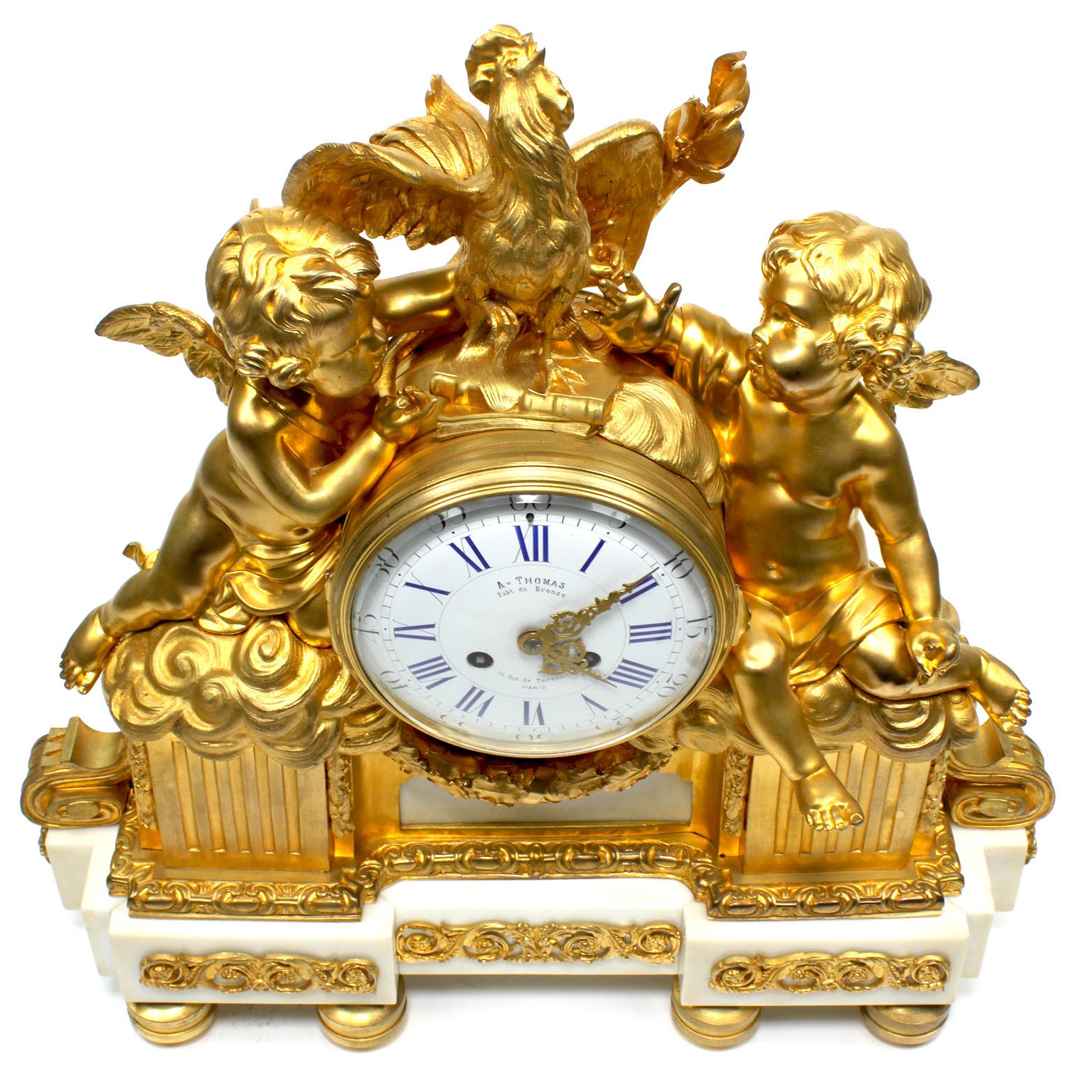 French 19th Century Louis XV Style Gilt Bronze Cherubs & Rooster Mantel Clock In Good Condition For Sale In Los Angeles, CA