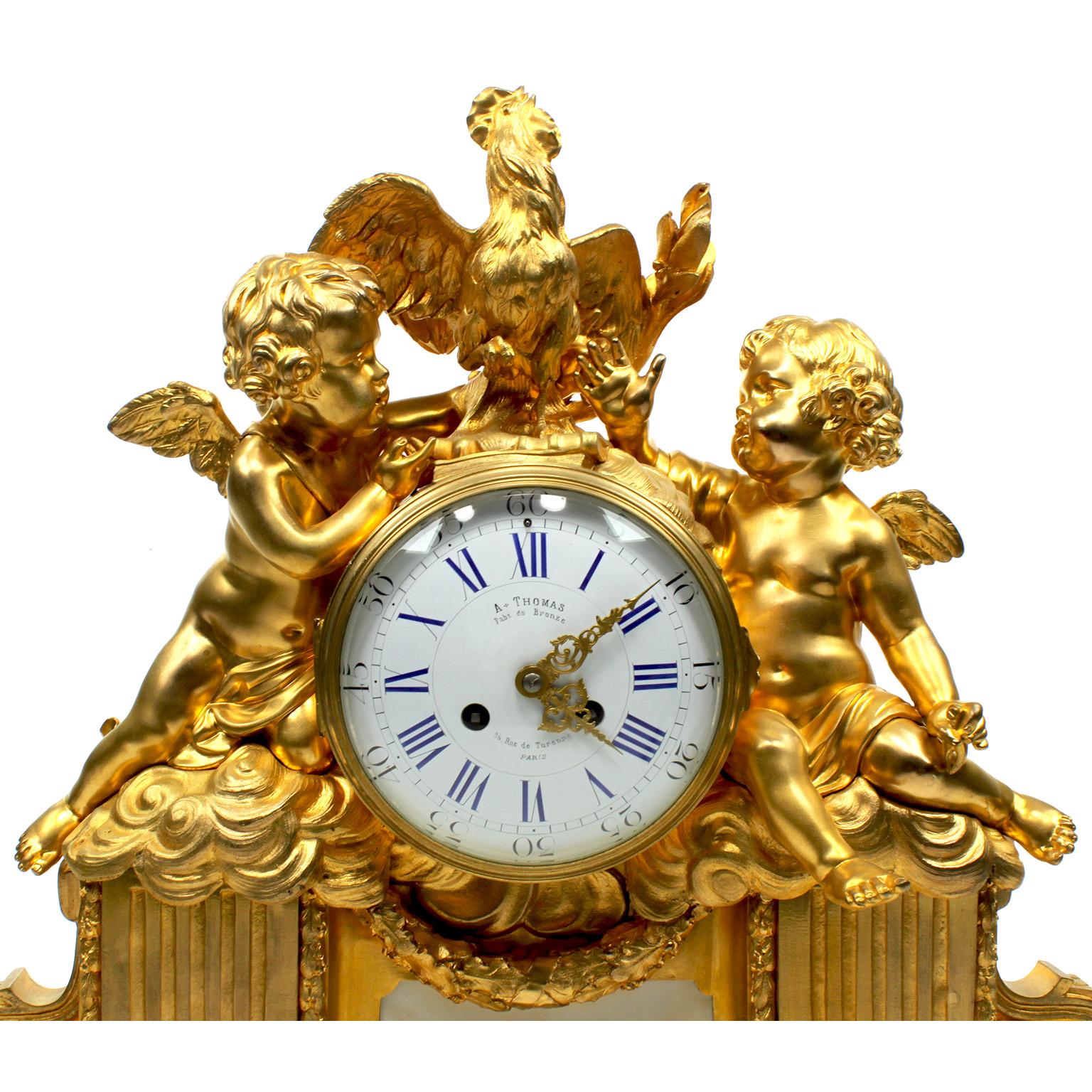 Marble French 19th Century Louis XV Style Gilt Bronze Cherubs & Rooster Mantel Clock For Sale