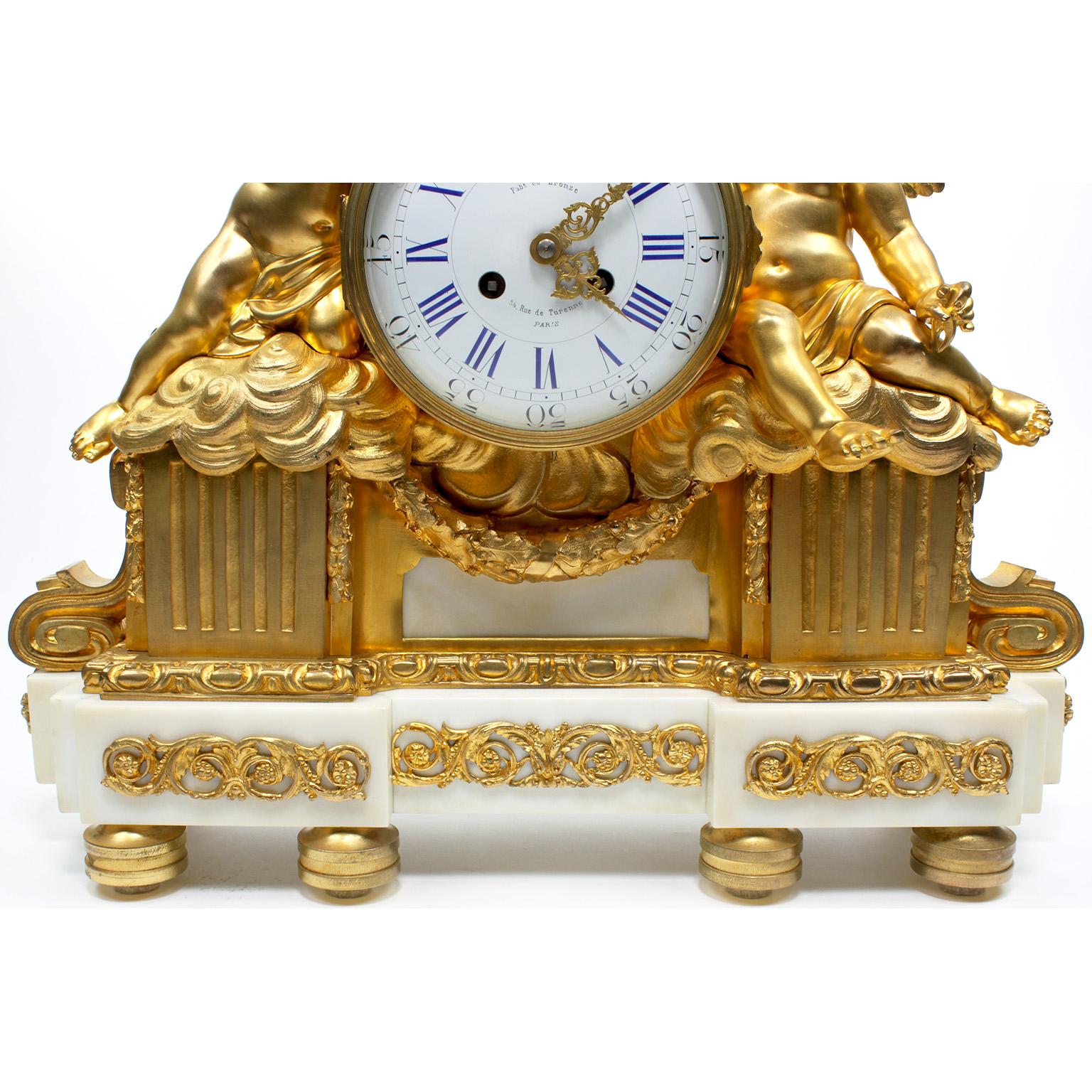 French 19th Century Louis XV Style Gilt Bronze Cherubs & Rooster Mantel Clock For Sale 2