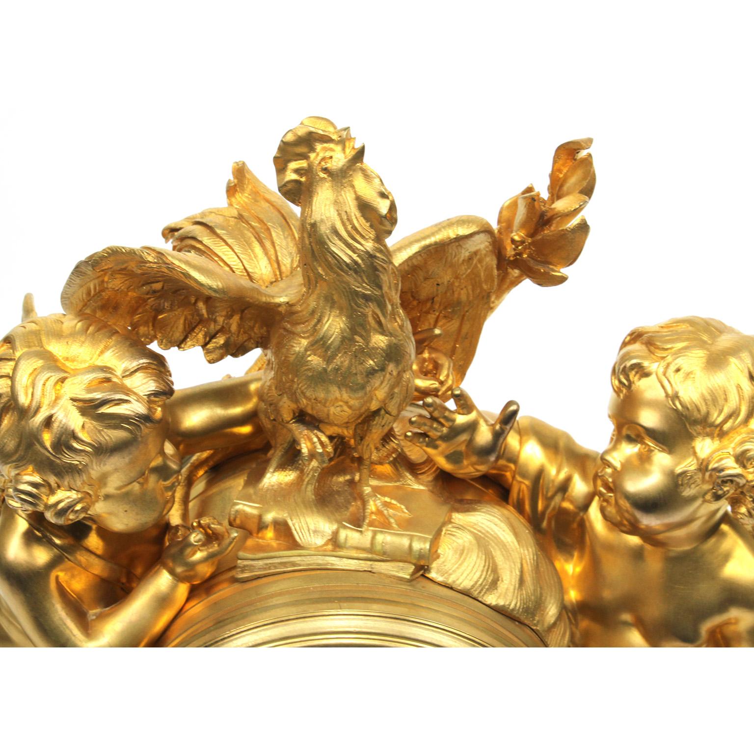 French 19th Century Louis XV Style Gilt Bronze Cherubs & Rooster Mantel Clock For Sale 3