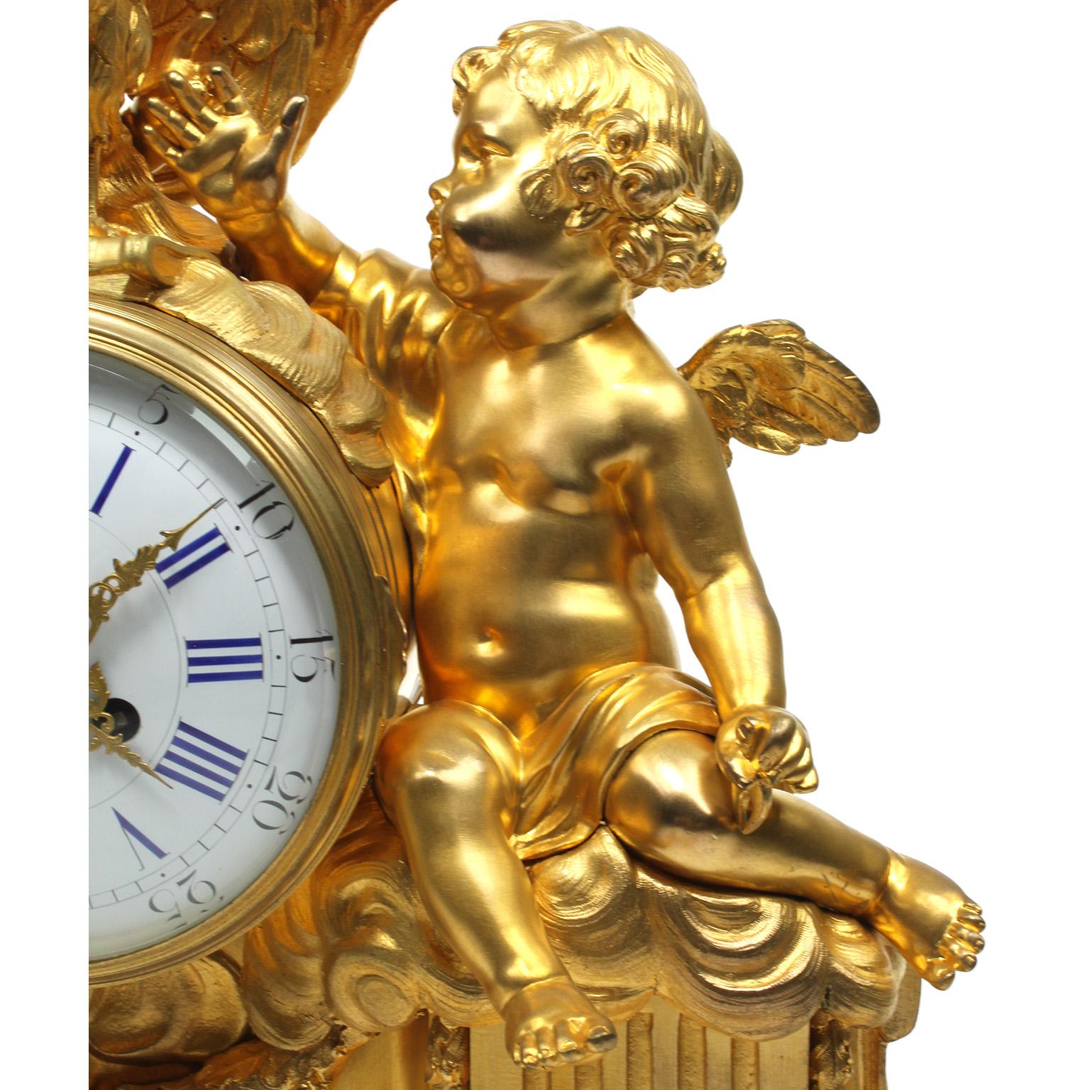 French 19th Century Louis XV Style Gilt Bronze Cherubs & Rooster Mantel Clock For Sale 4