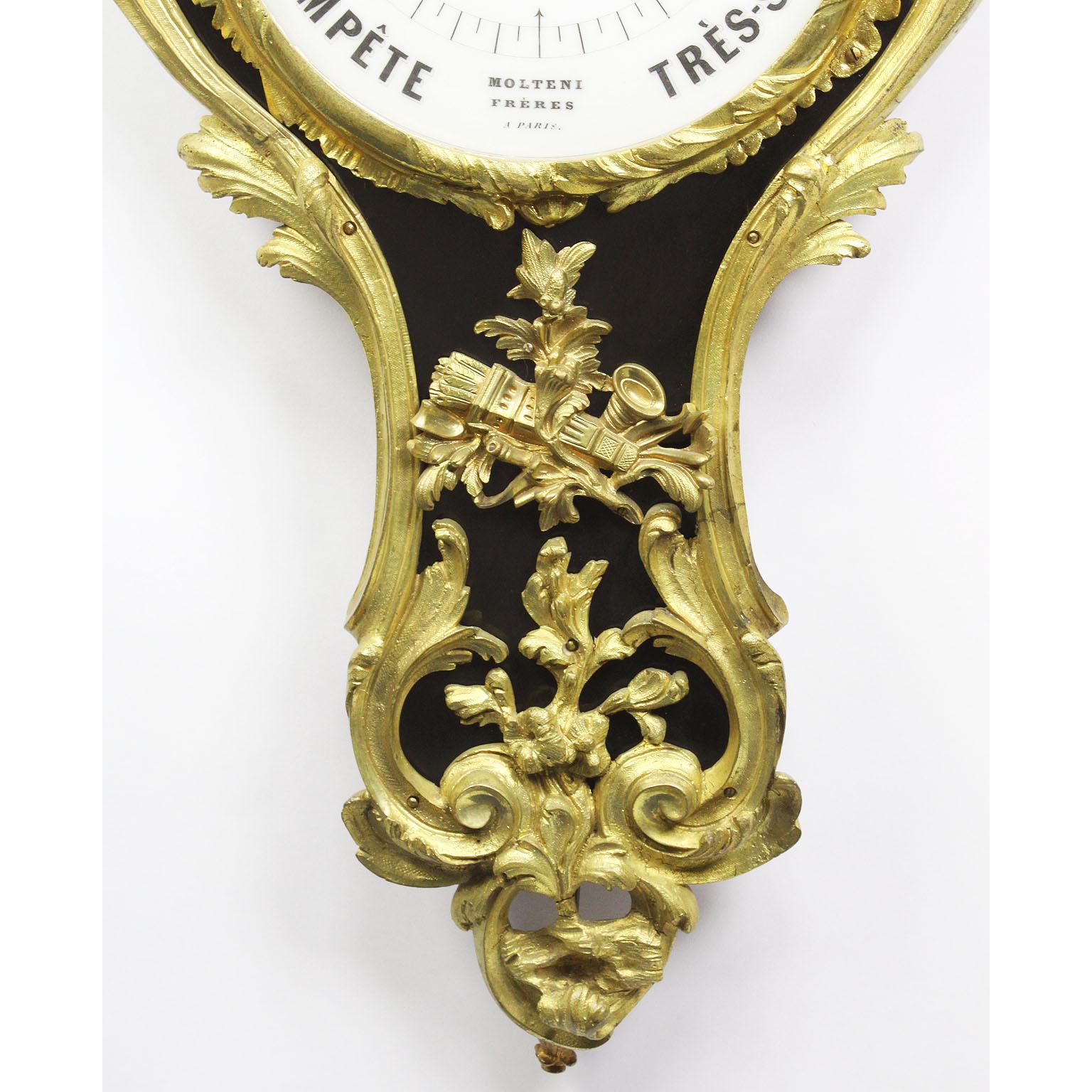 French 19th Century Louis XV Style Gilt-Bronze and Ebonized Wood Wall Barometer In Good Condition For Sale In Los Angeles, CA