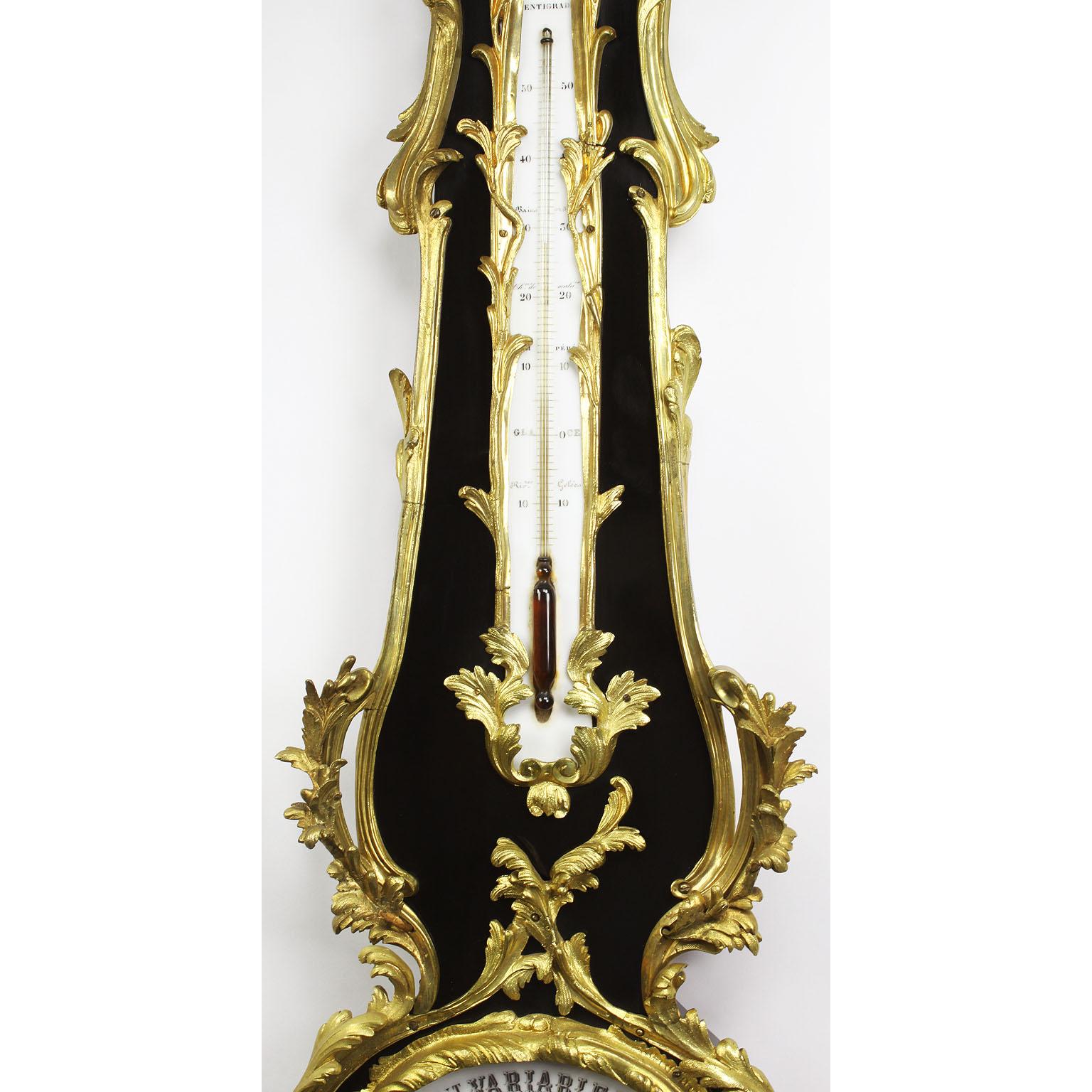 French 19th Century Louis XV Style Gilt-Bronze and Ebonized Wood Wall Barometer For Sale 1