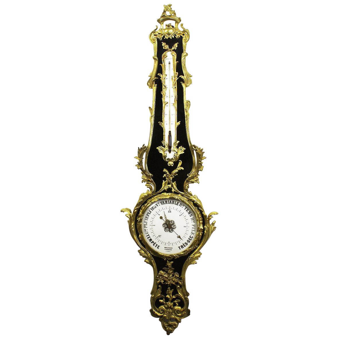 French 19th Century Louis XV Style Gilt-Bronze and Ebonized Wood Wall Barometer For Sale
