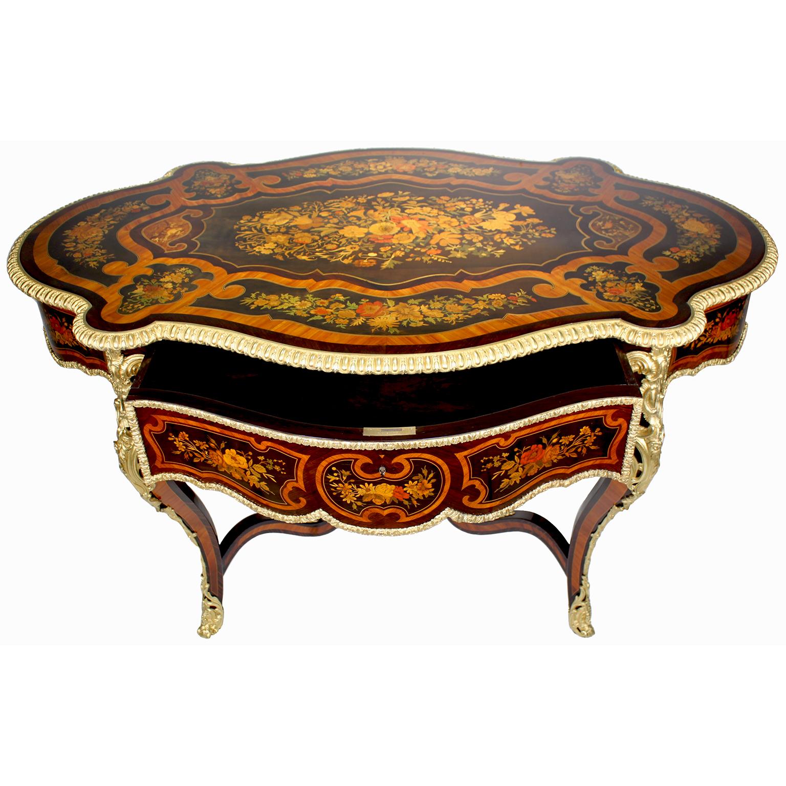 French 19th Century Louis XV Style Gilt-Bronze Mounted Marquetry Center Table For Sale 8
